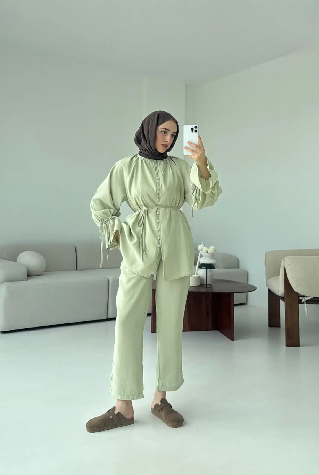 Birit  Düğmeli Tencel Takım Küf Yeşili - Görsel 6