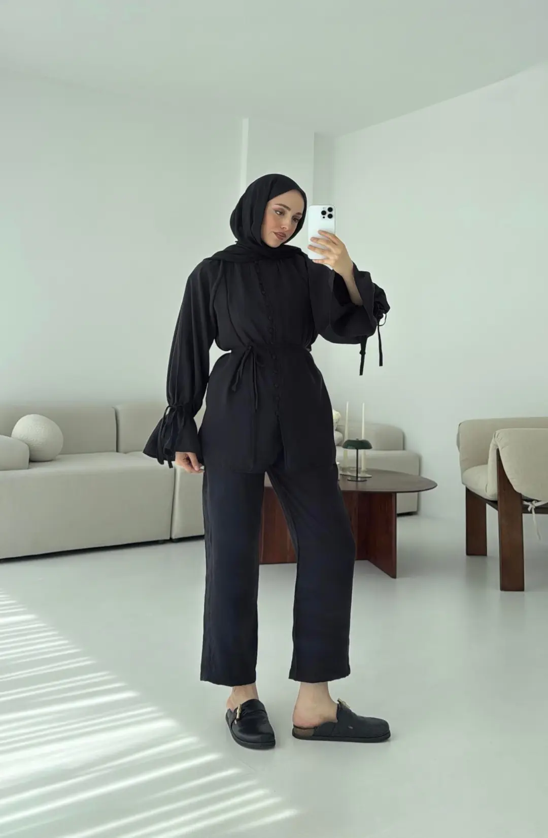 Birit Düğmeli Tencel Takım Siyah - Görsel 5