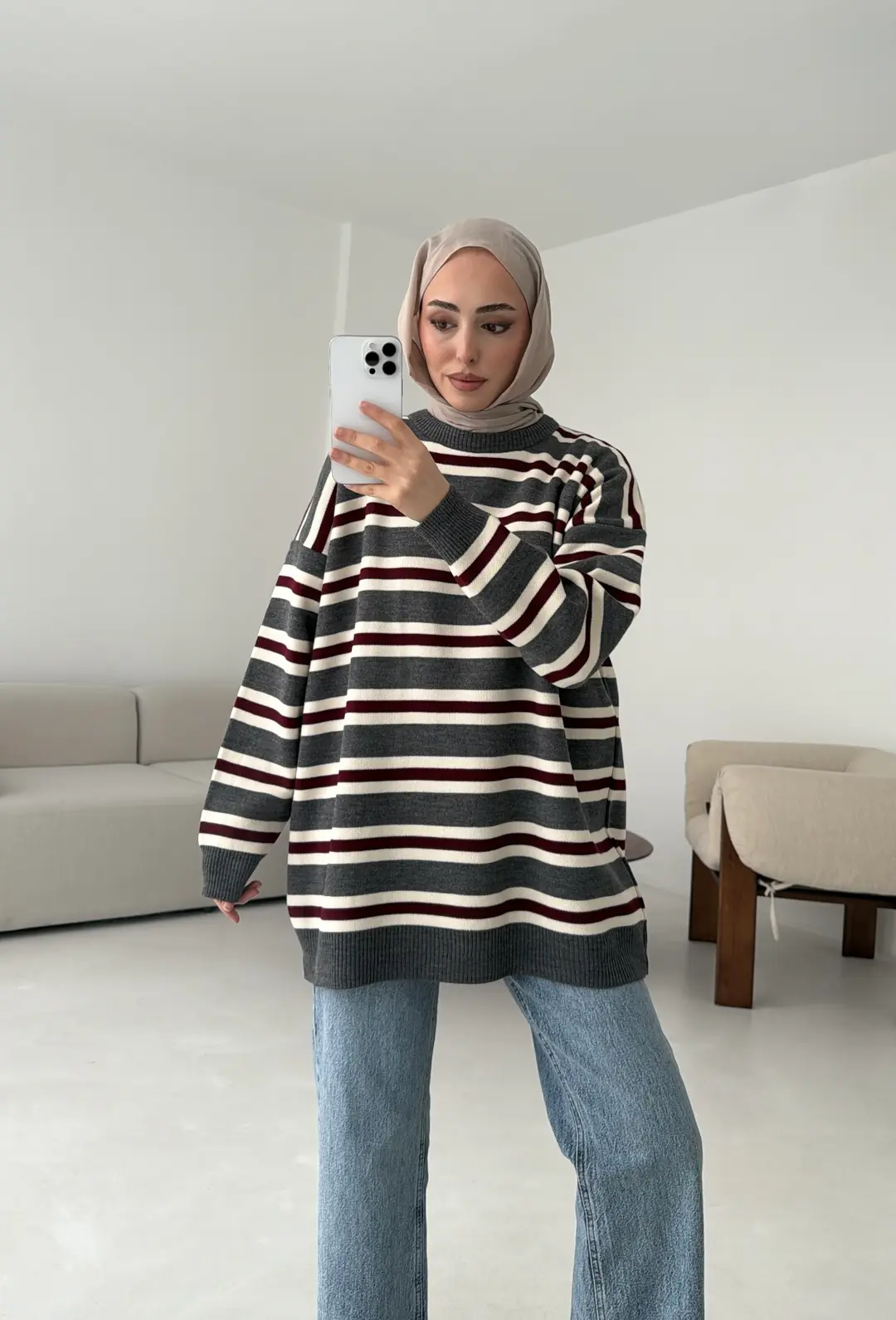 Bisiklet Yaka Çizgili Uzun Triko Kazak gri