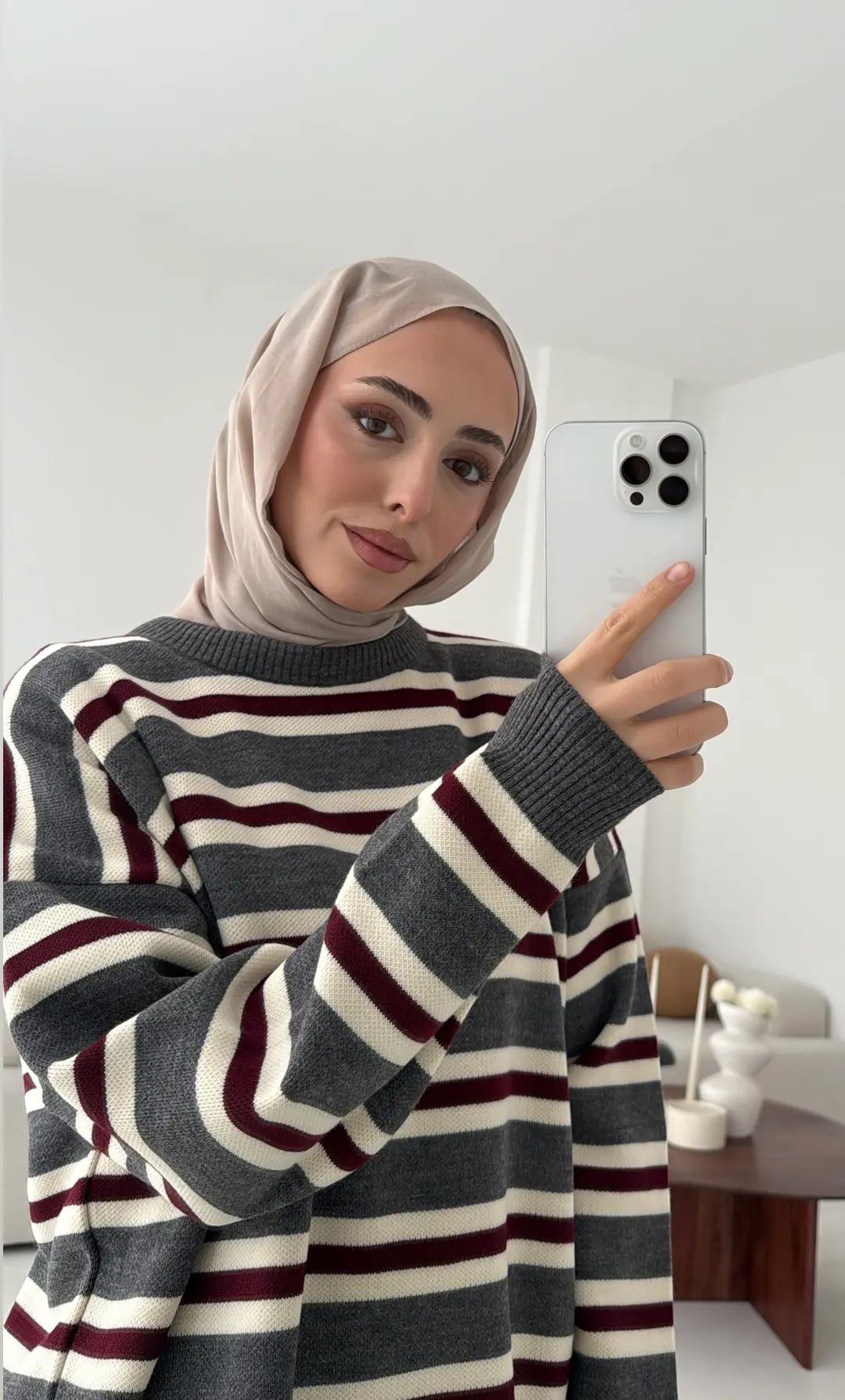 Bisiklet Yaka Çizgili Uzun Triko Kazak gri - Görsel 4