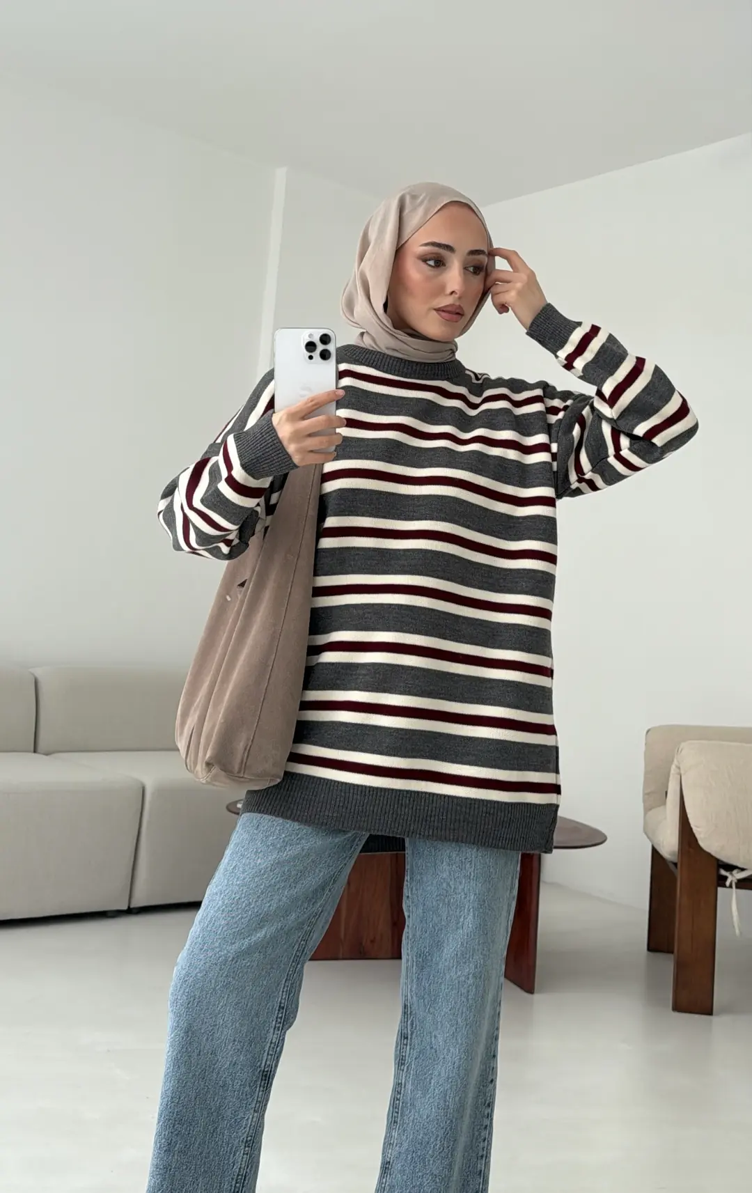 Bisiklet Yaka Çizgili Uzun Triko Kazak gri - Görsel 5