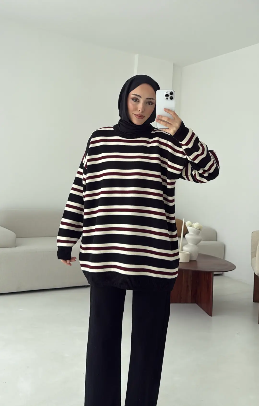 Bisiklet Yaka Çizgili Uzun Triko Kazak Siyah - Görsel 5