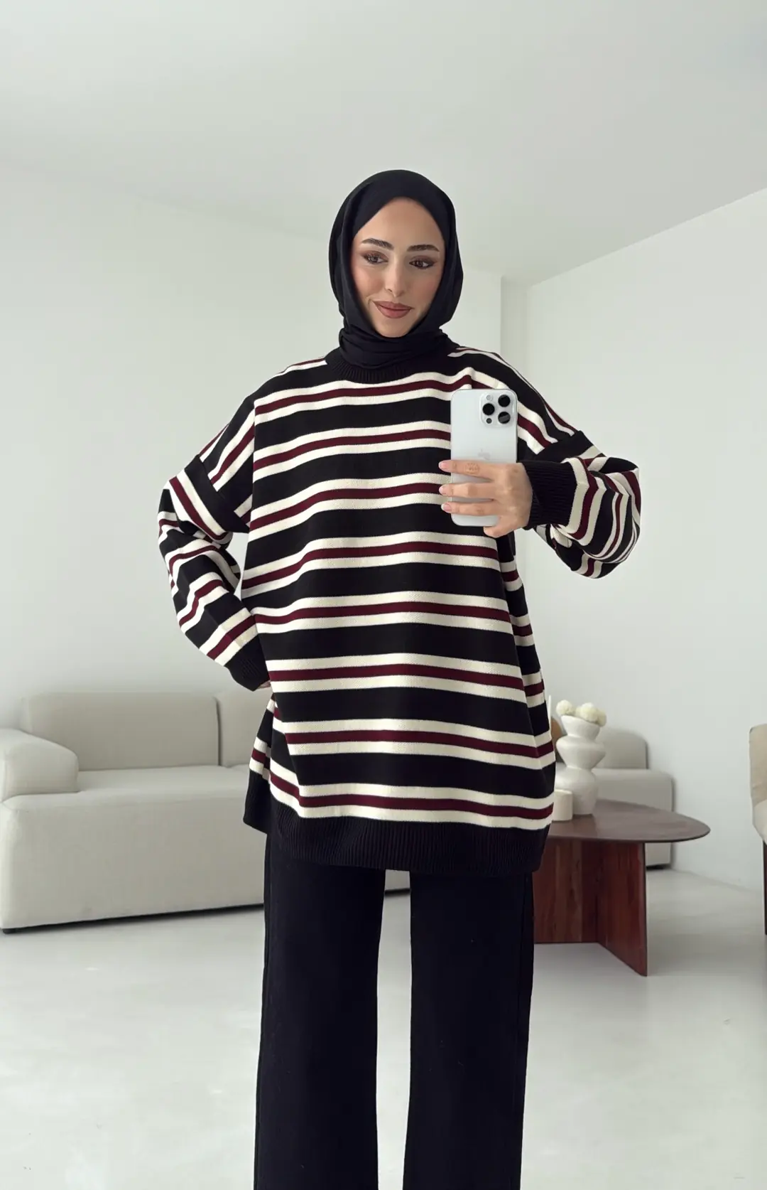 Bisiklet Yaka Çizgili Uzun Triko Kazak Siyah - Görsel 6