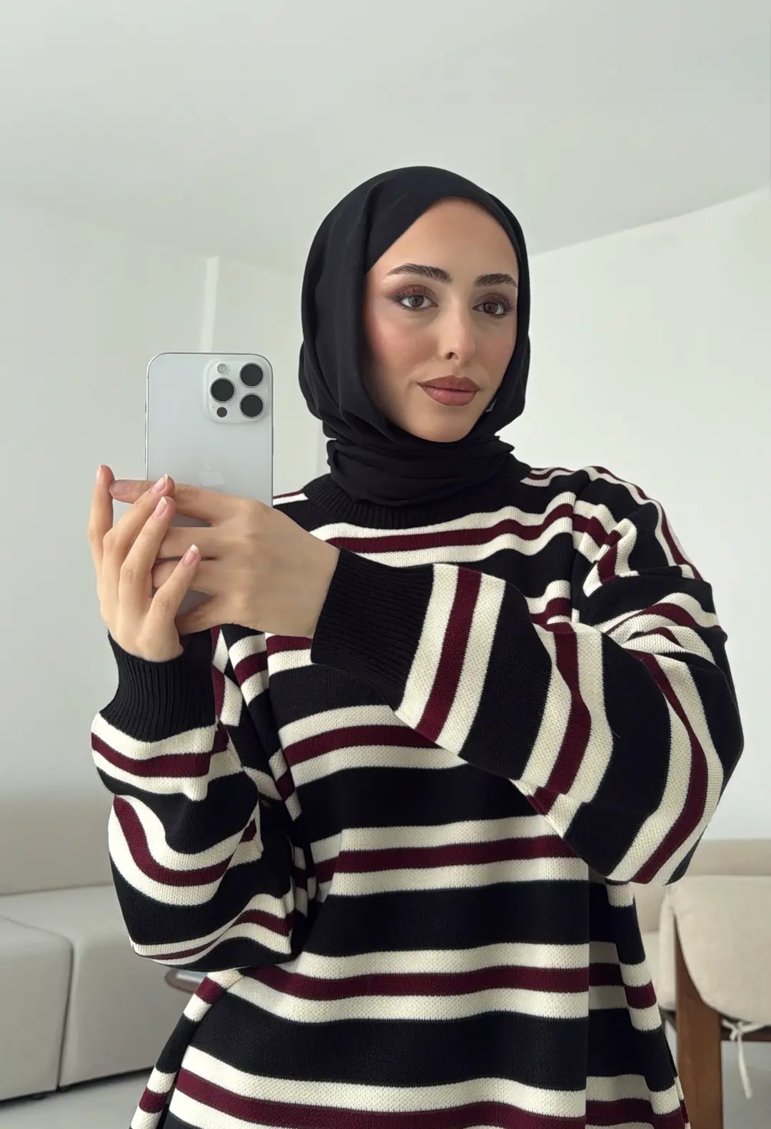 Bisiklet Yaka Çizgili Uzun Triko Kazak Siyah - Görsel 7