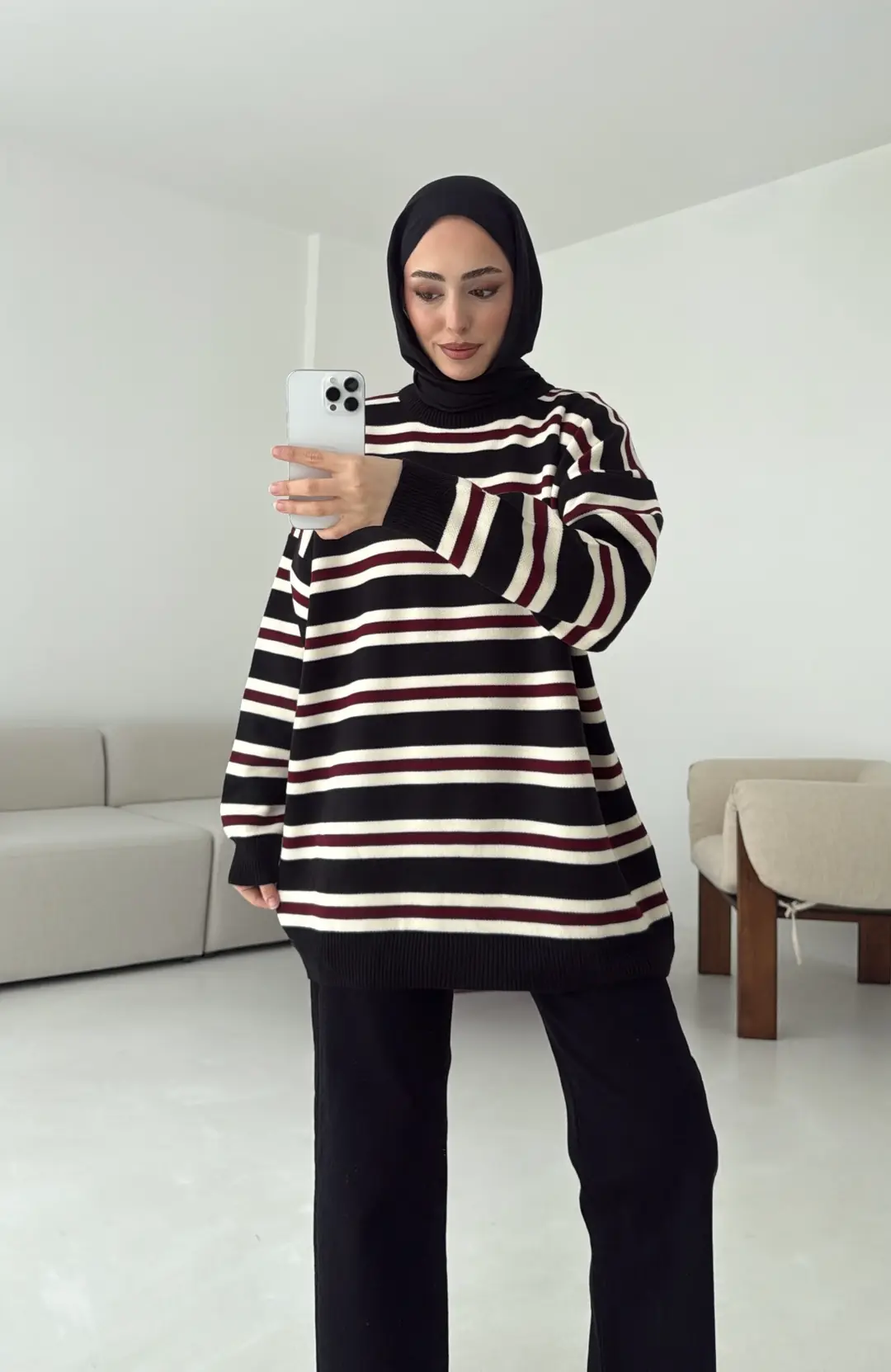 Bisiklet Yaka Çizgili Uzun Triko Kazak Siyah - Görsel 9