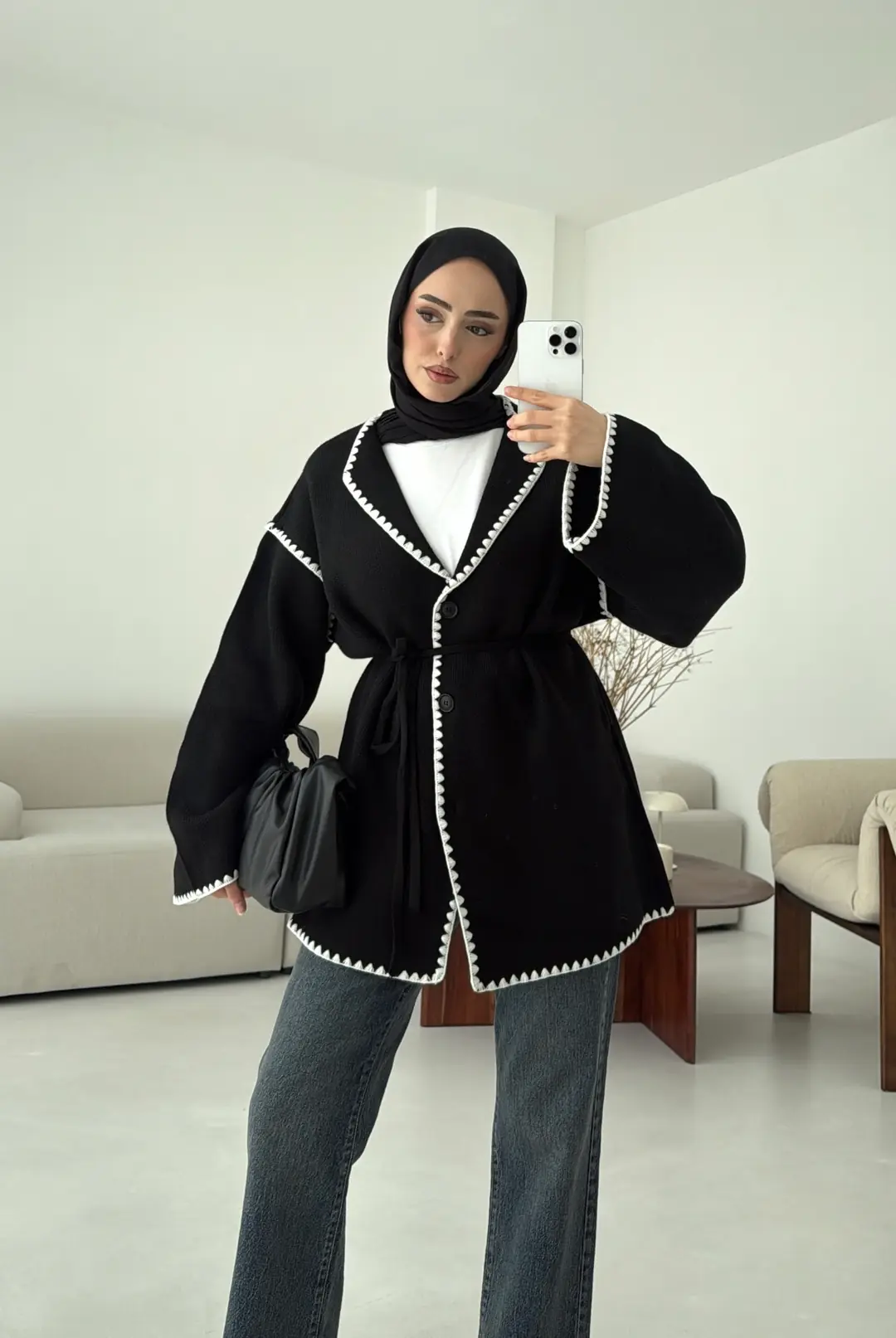 Biye İşleme Detaylı Sık Örme Hırka Siyah