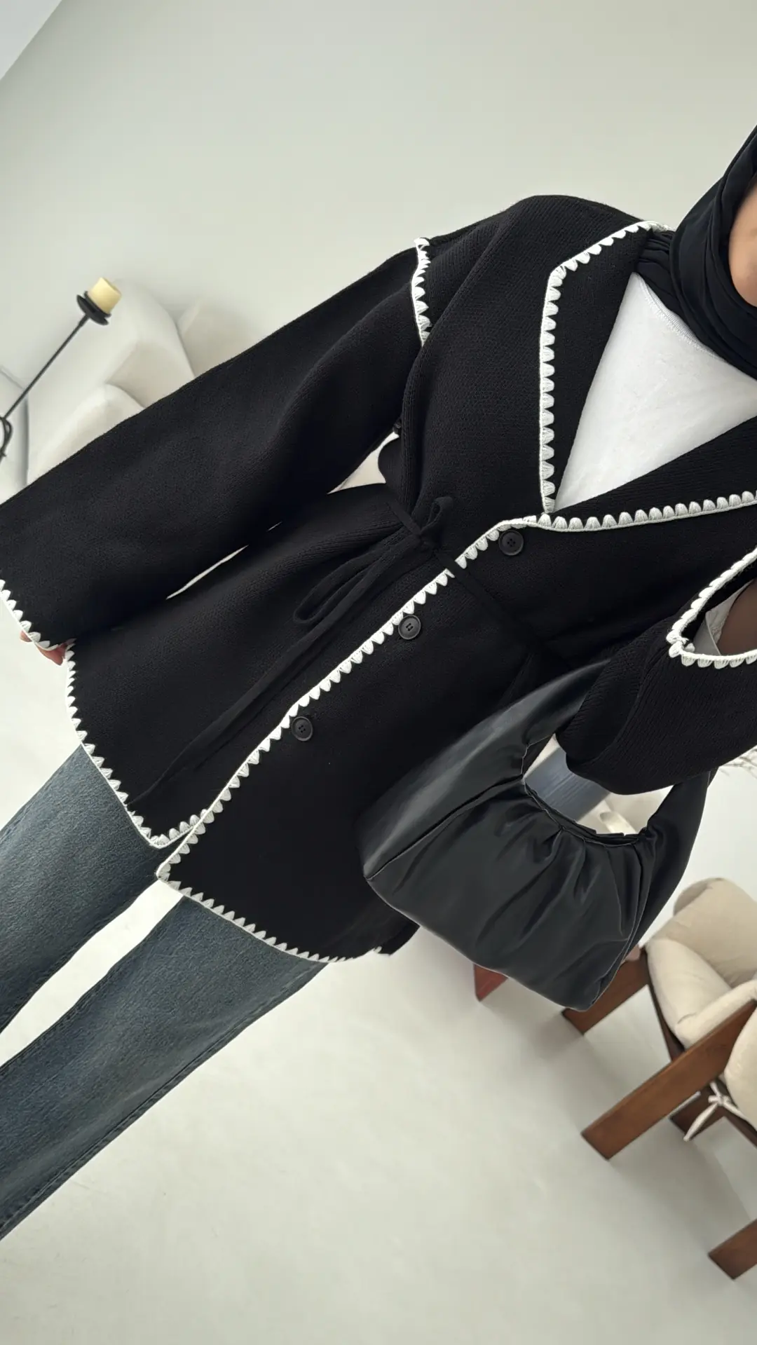 Biye İşleme Detaylı Sık Örme Hırka Siyah - Görsel 3