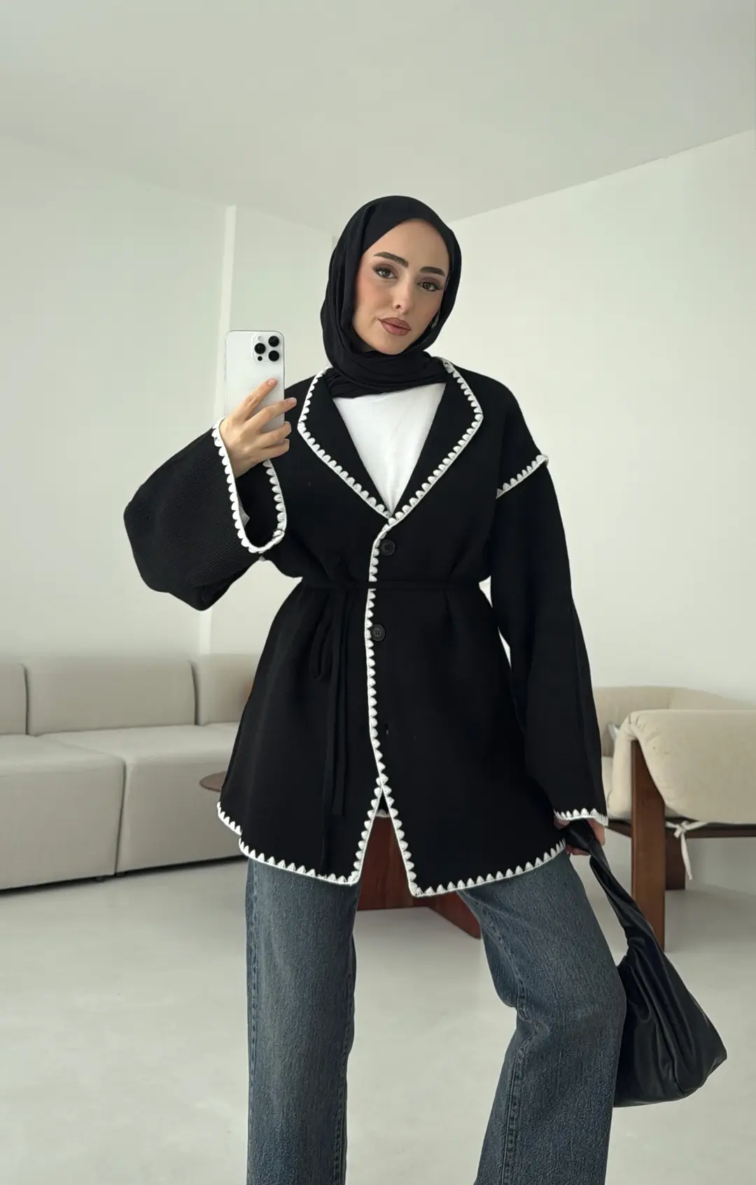 Biye İşleme Detaylı Sık Örme Hırka Siyah - Görsel 5