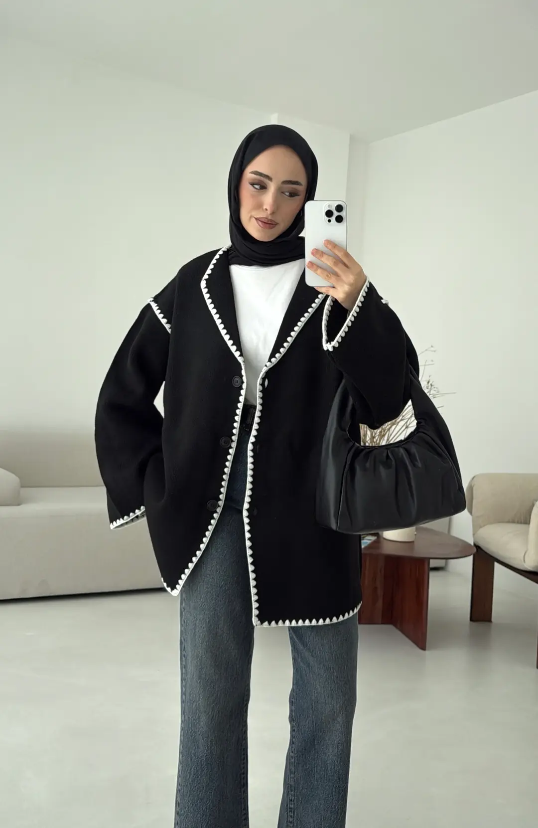 Biye İşleme Detaylı Sık Örme Hırka Siyah - Görsel 6