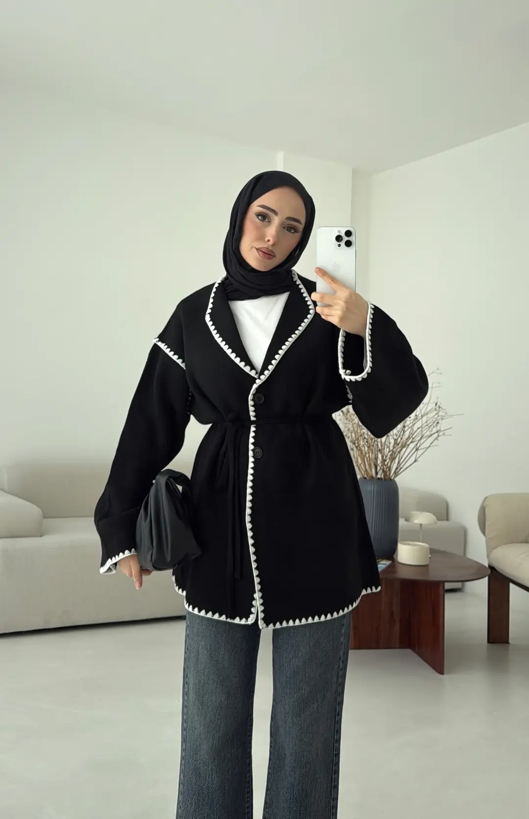 Biye İşleme Detaylı Sık Örme Hırka Siyah - Görsel 9