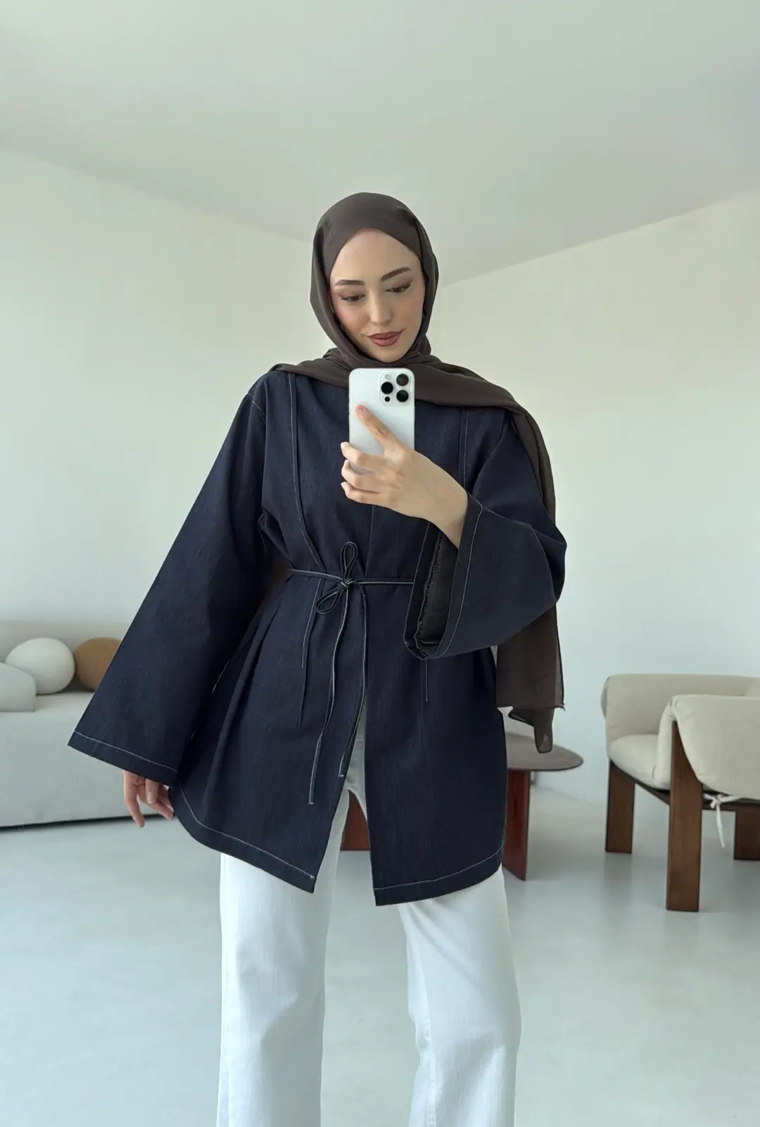 Biyeli Kot Kimono/Ceket Lacivert - Görsel 3