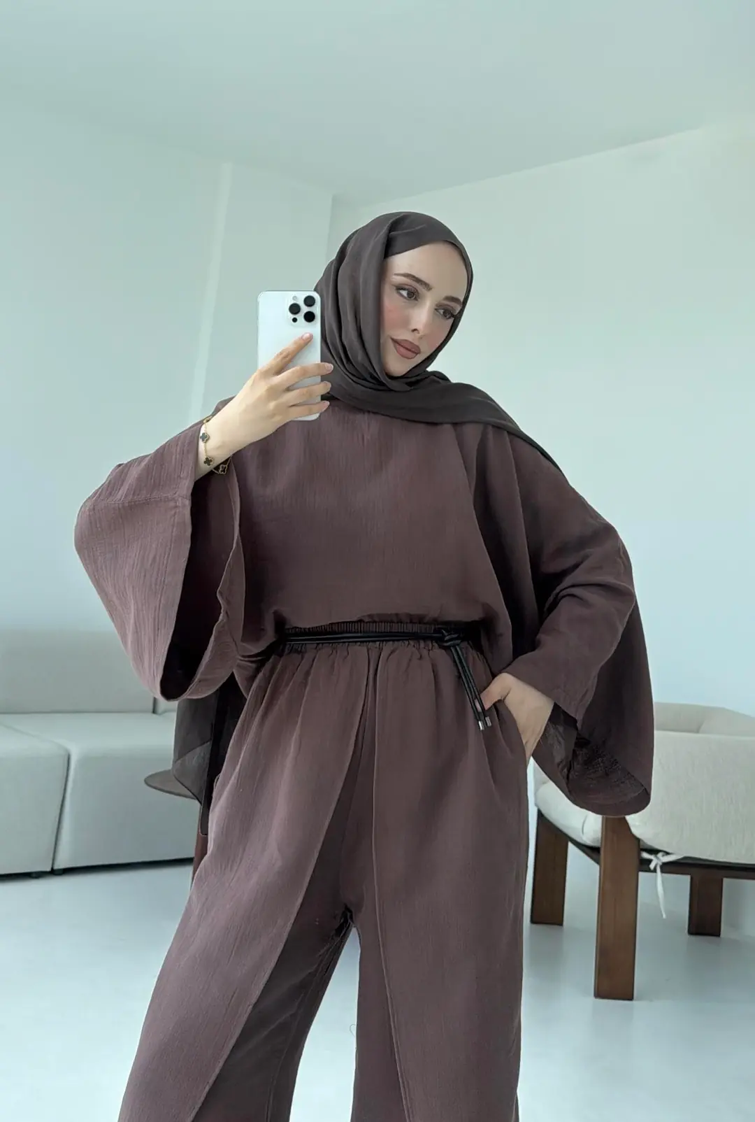 Bluzlu Yarasa Kol Takım Kahve