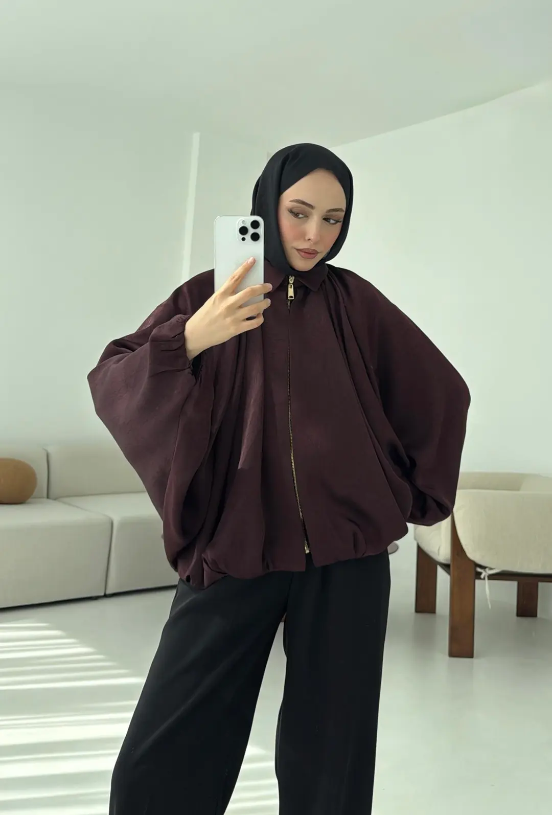 Bomber Saten Ceket Bordo