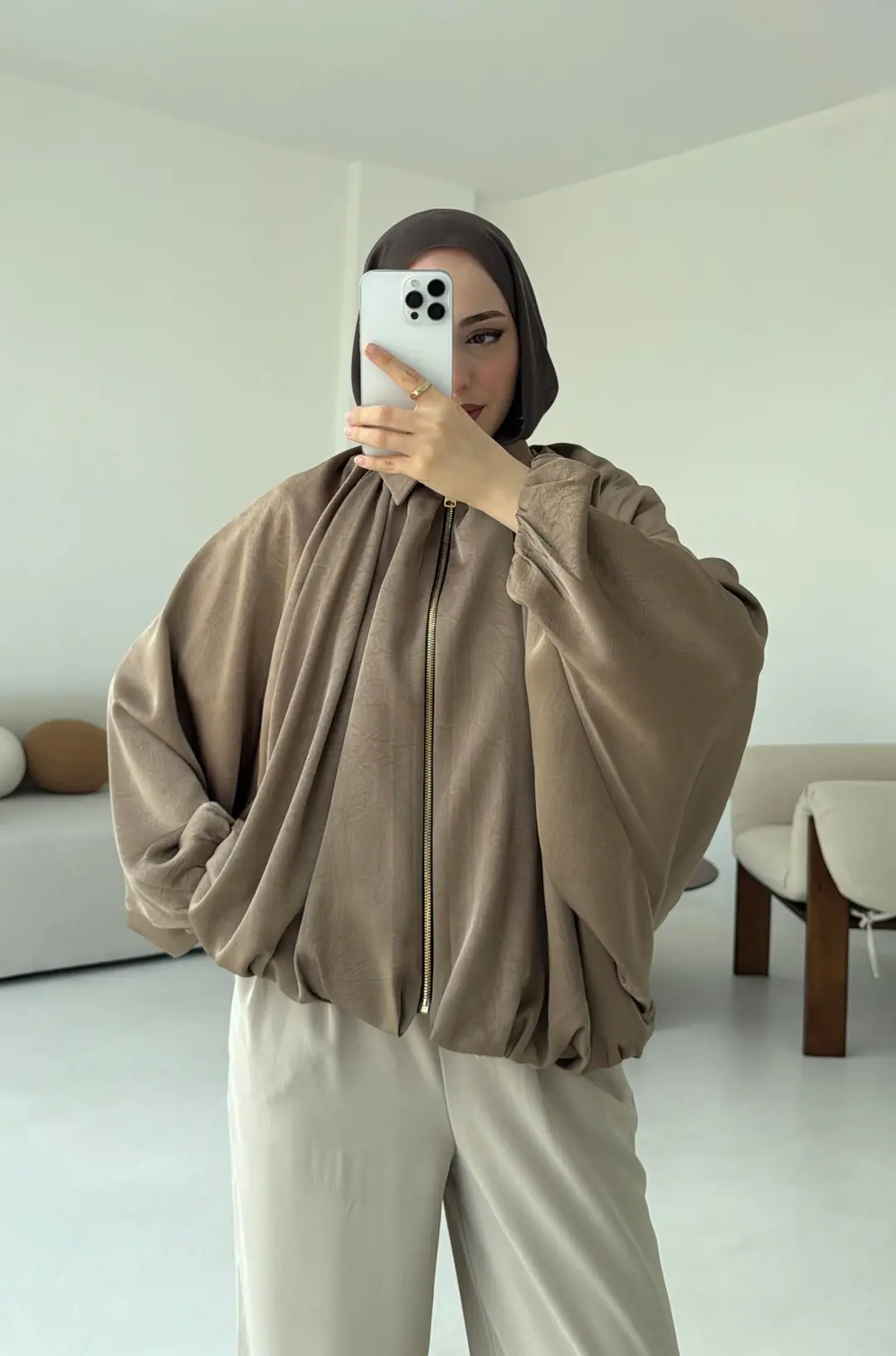 Bomber Saten Ceket Camel