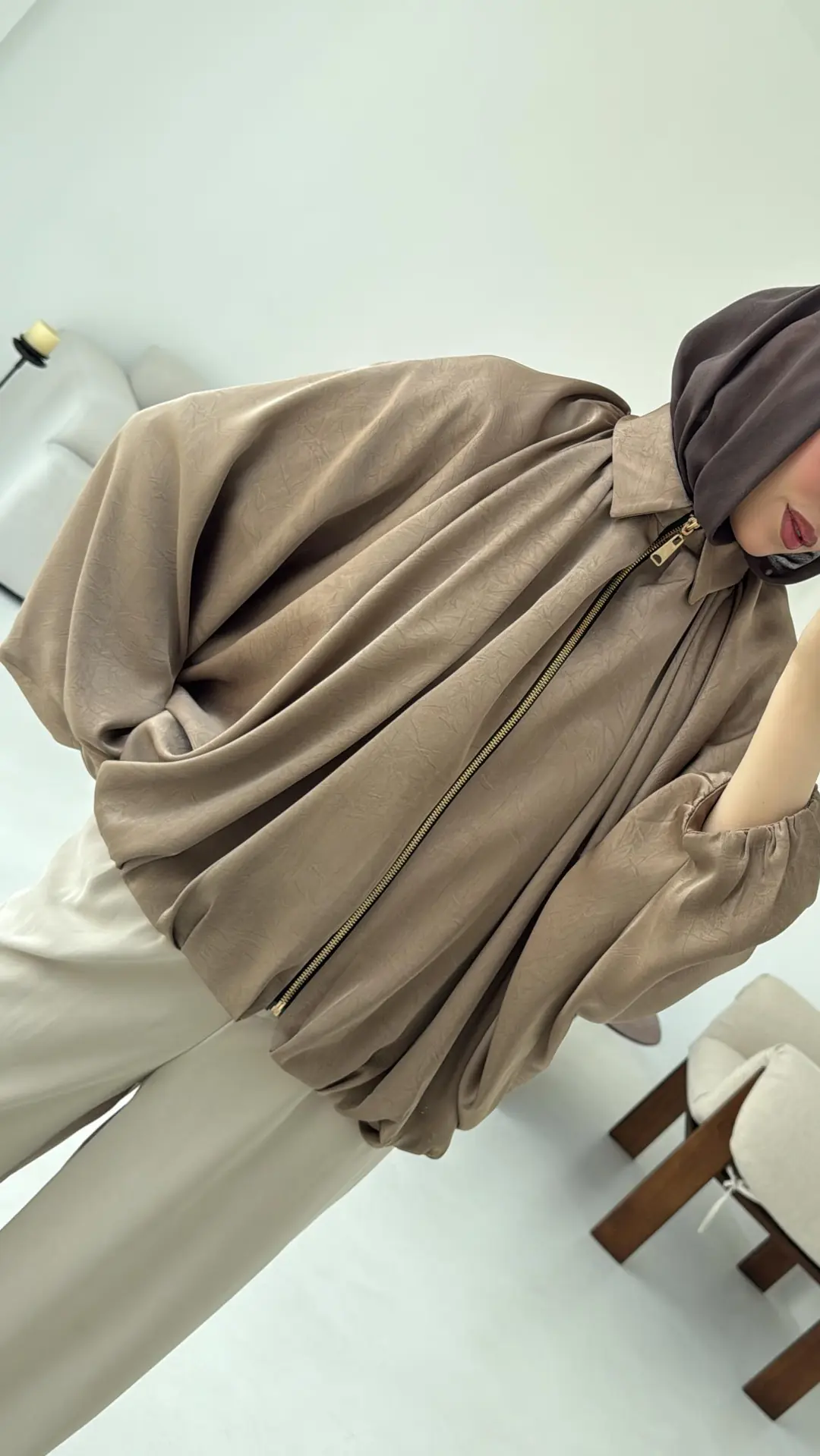 Bomber Saten Ceket Camel - Görsel 2