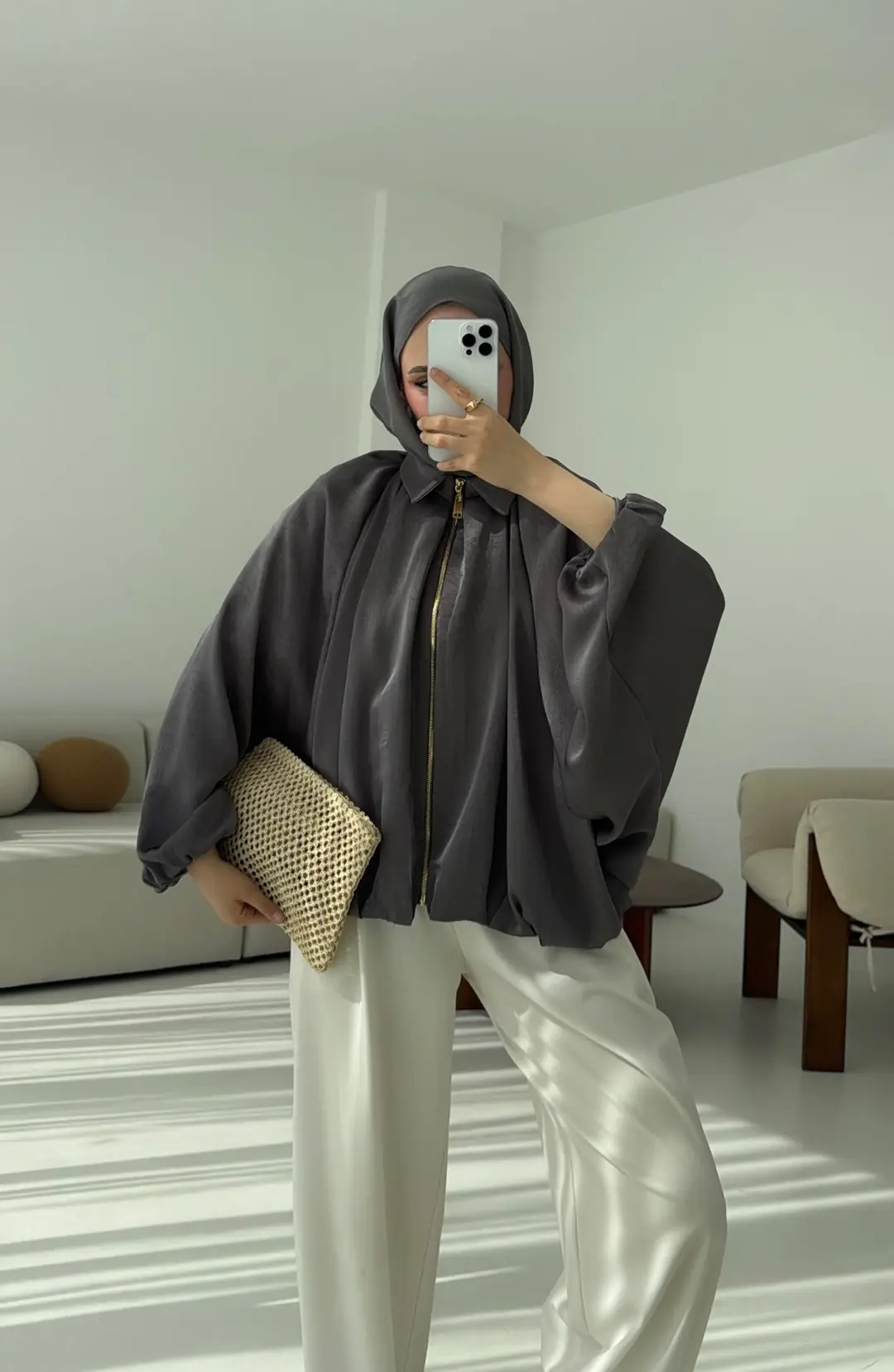 Bomber Saten Ceket Gri - Görsel 2