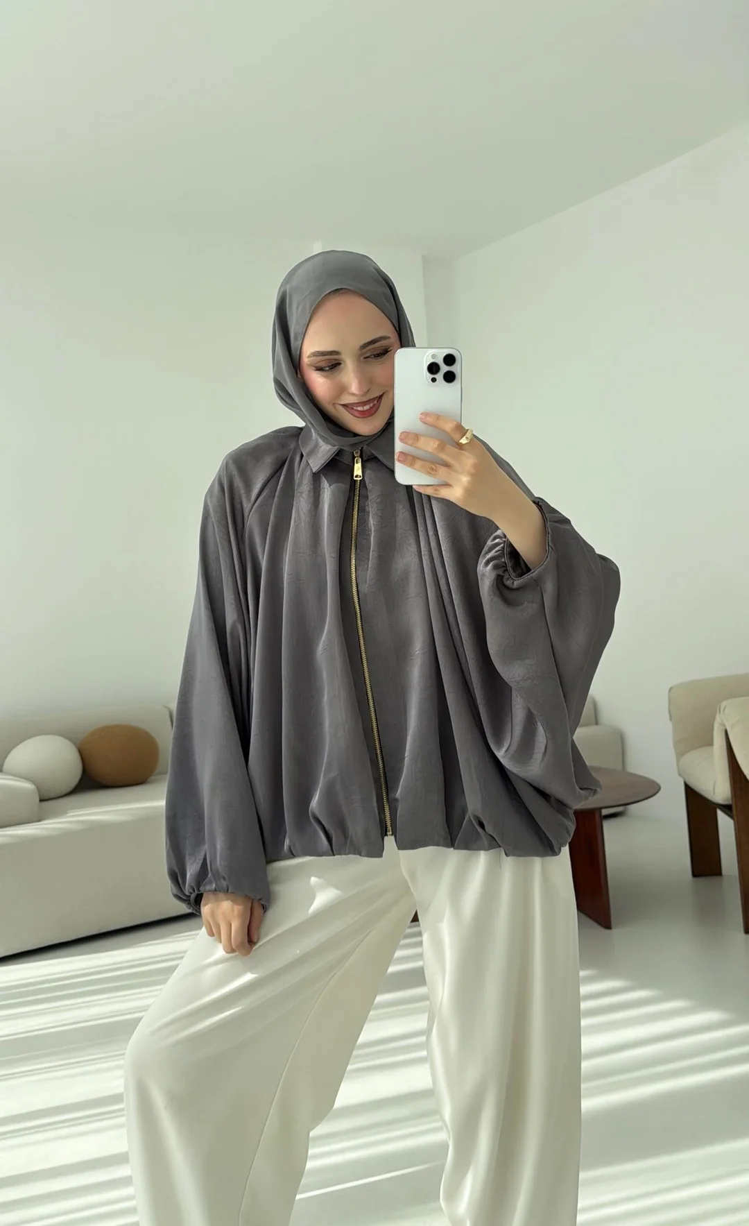 Bomber Saten Ceket Gri - Görsel 4