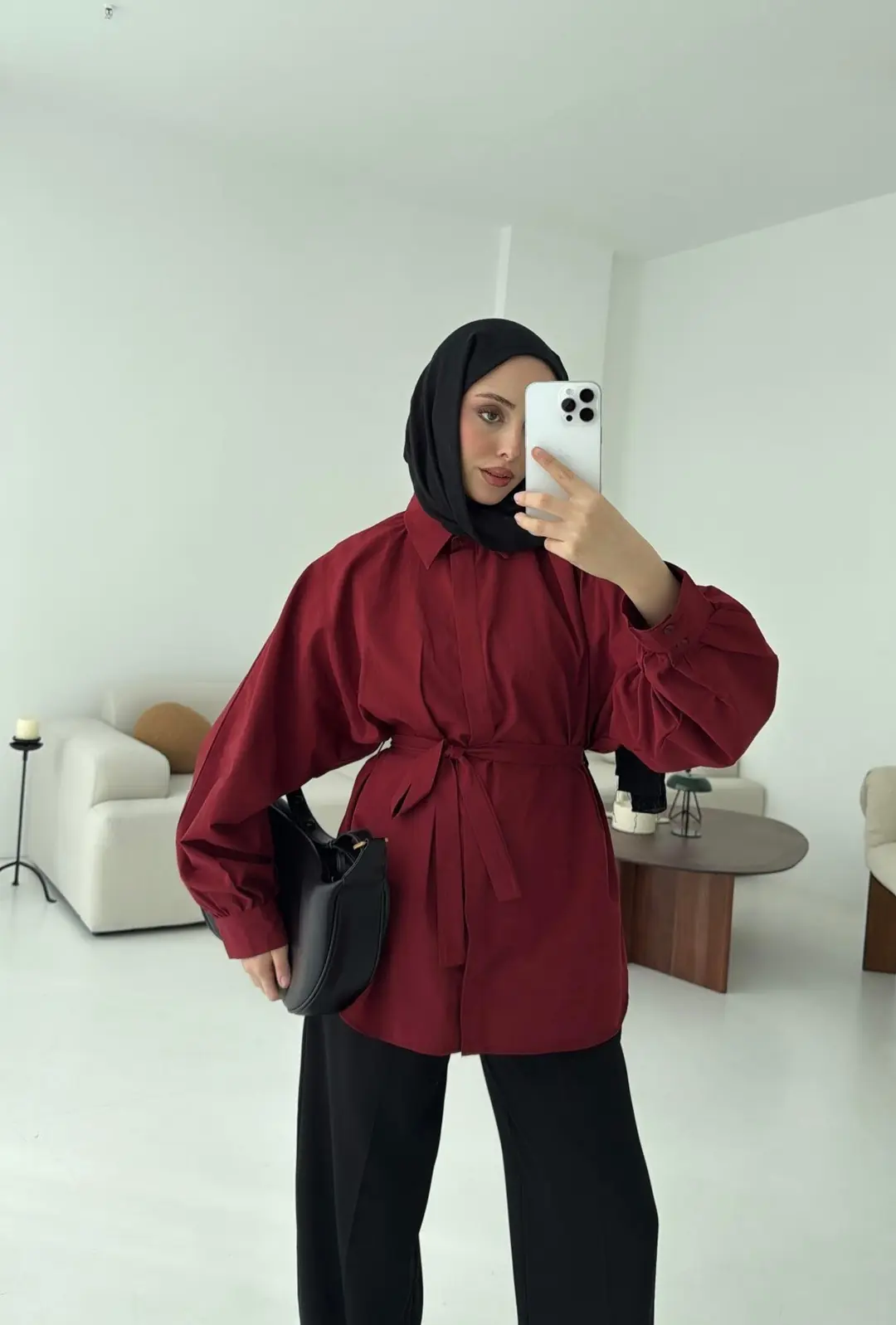 Bordo Balon Kol Bağlamalı Gömlek - Görsel 2