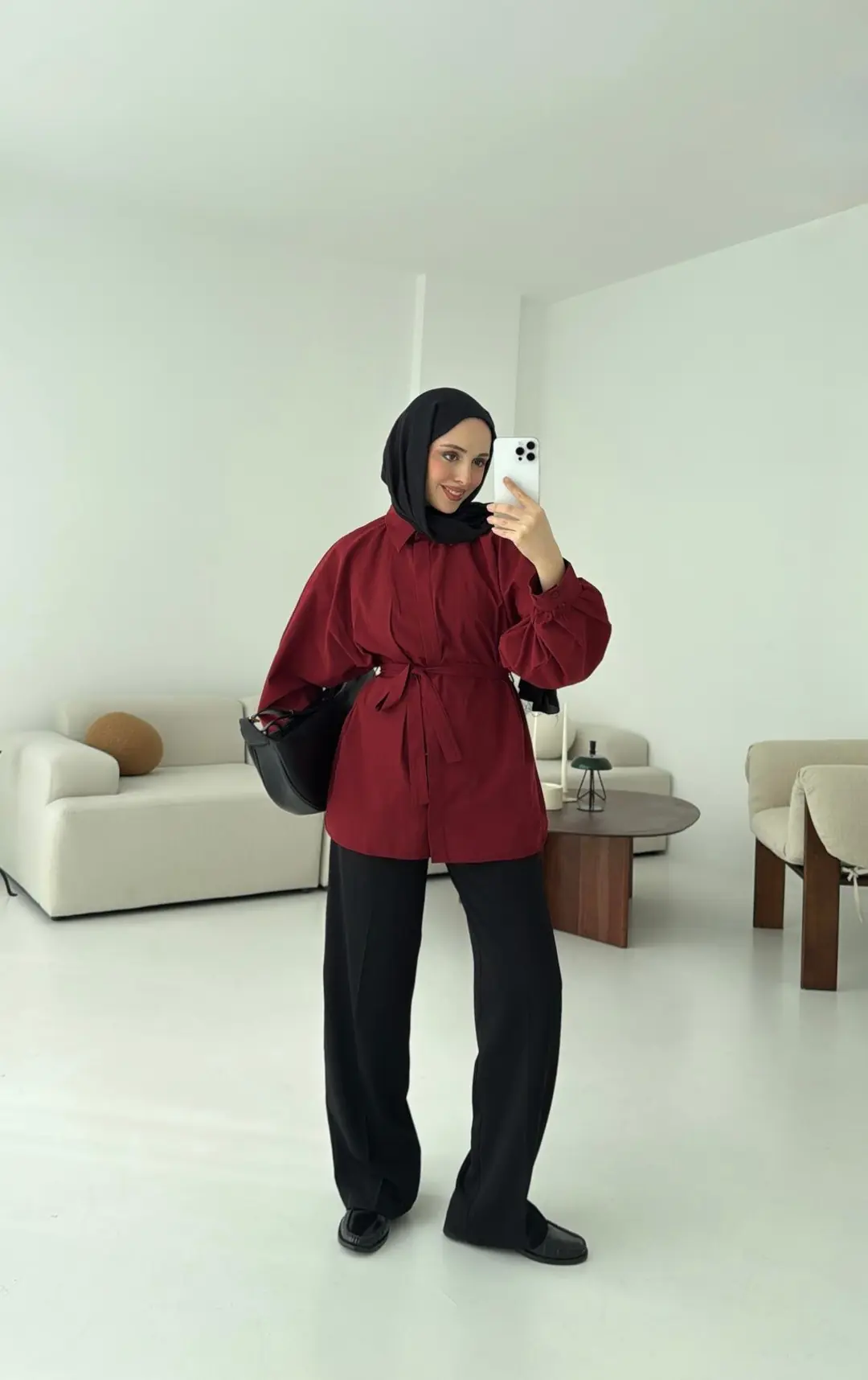 Bordo Balon Kol Bağlamalı Gömlek - Görsel 4