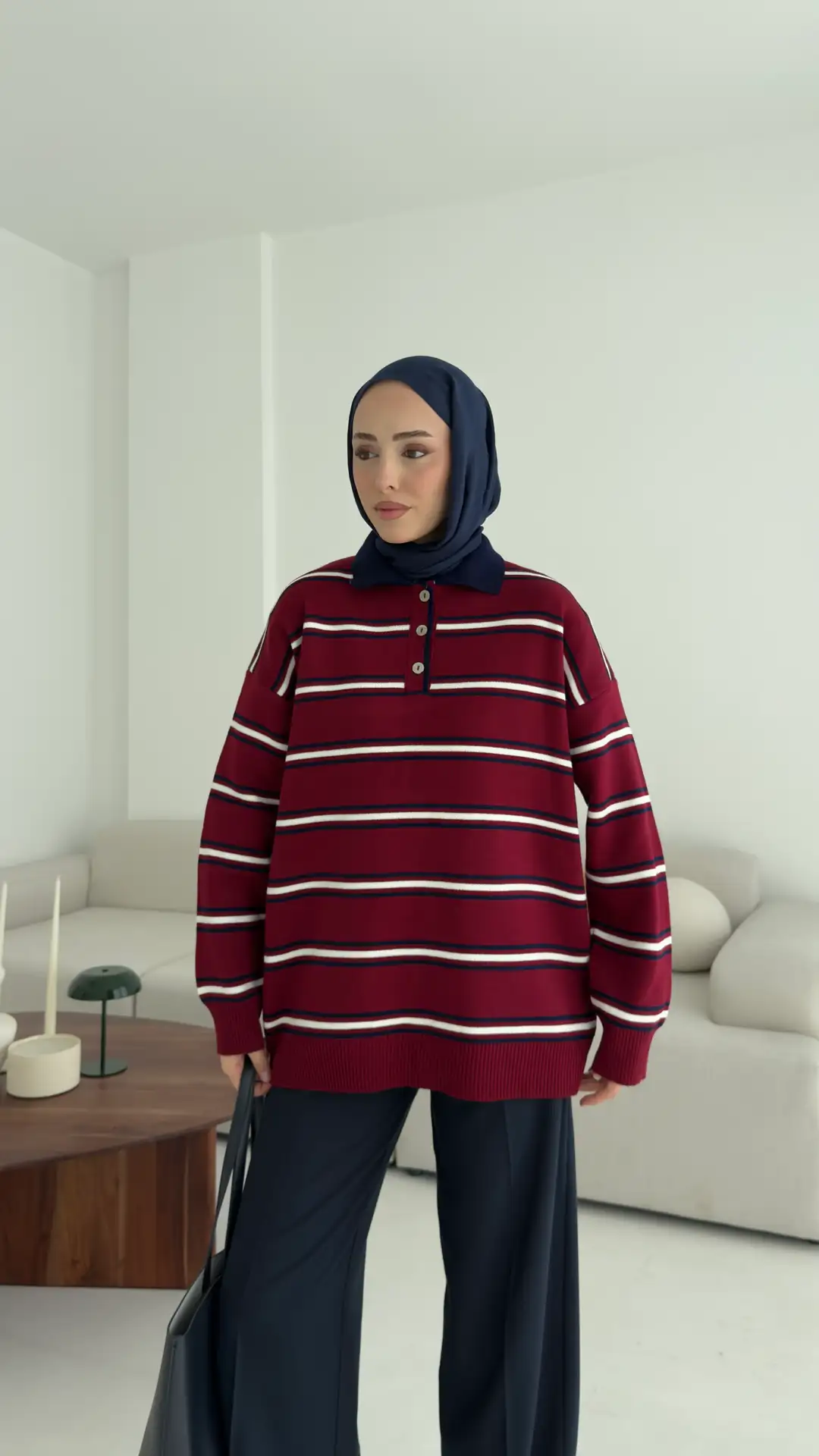 Bordo Çizgili Polo Yaka Triko Kazak