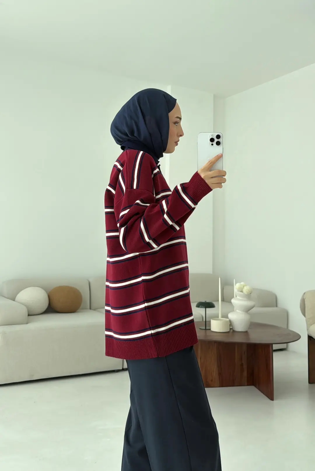 Bordo Çizgili Polo Yaka Triko Kazak - Görsel 2