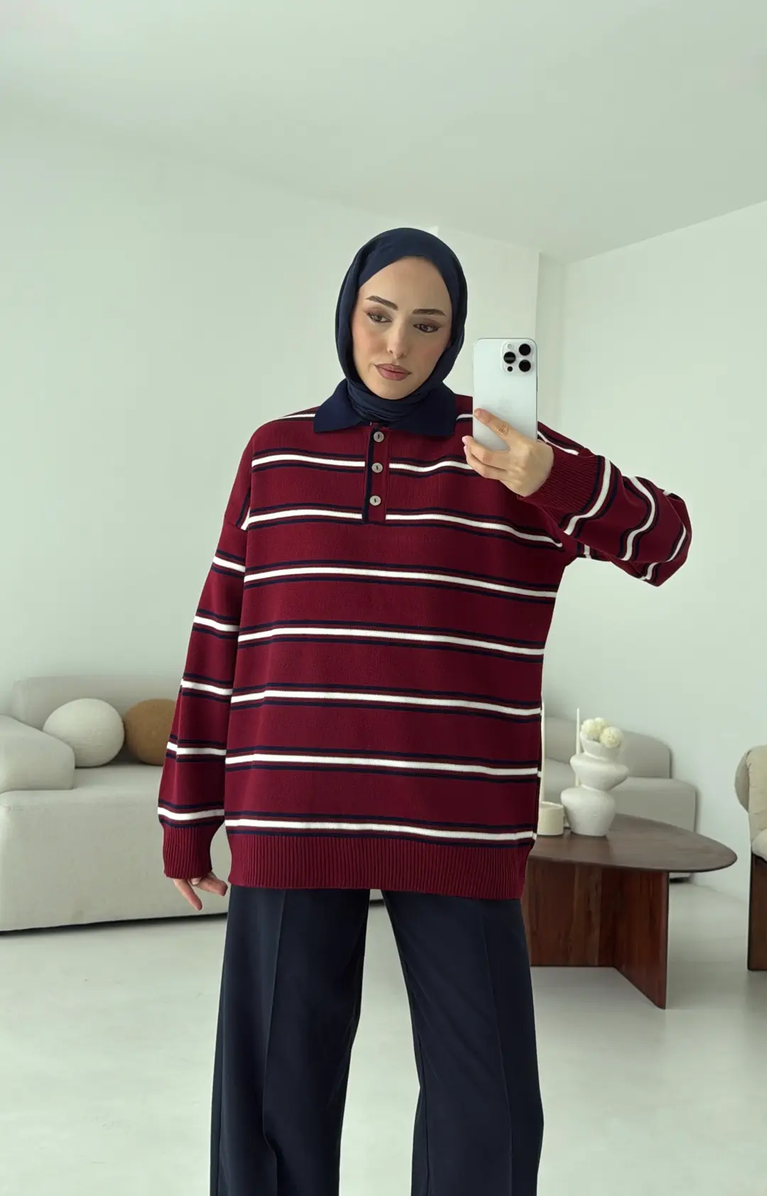 Bordo Çizgili Polo Yaka Triko Kazak - Görsel 3