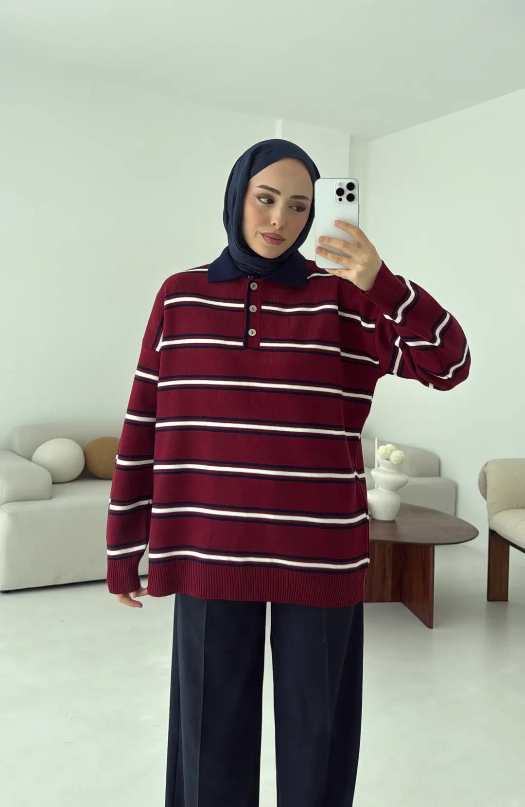 Bordo Çizgili Polo Yaka Triko Kazak - Görsel 4