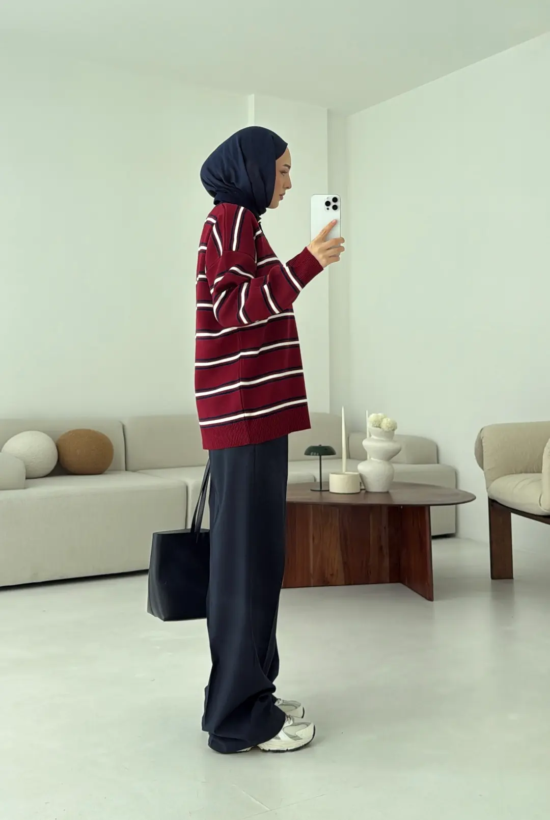 Bordo Çizgili Polo Yaka Triko Kazak - Görsel 5