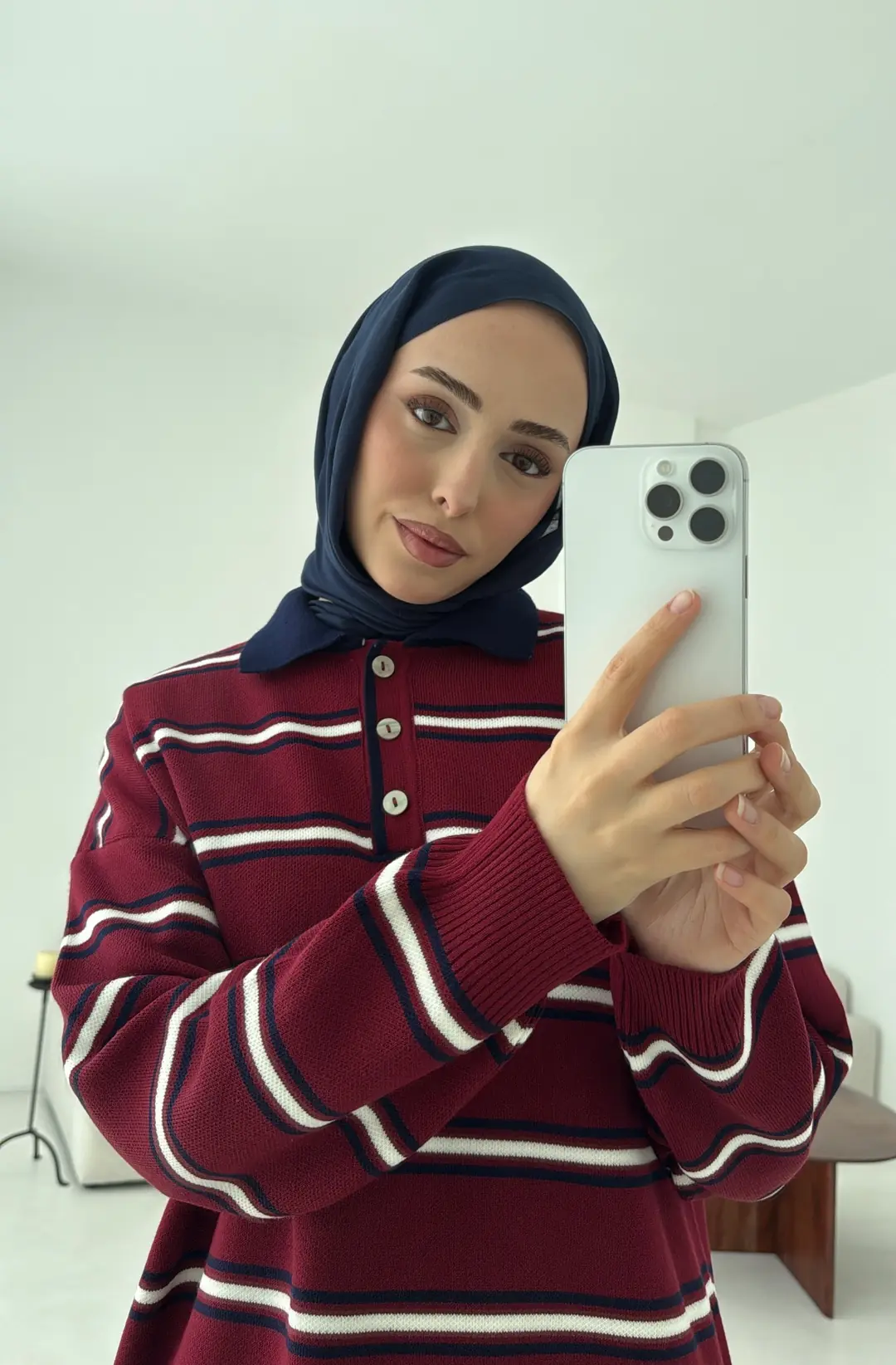 Bordo Çizgili Polo Yaka Triko Kazak - Görsel 6