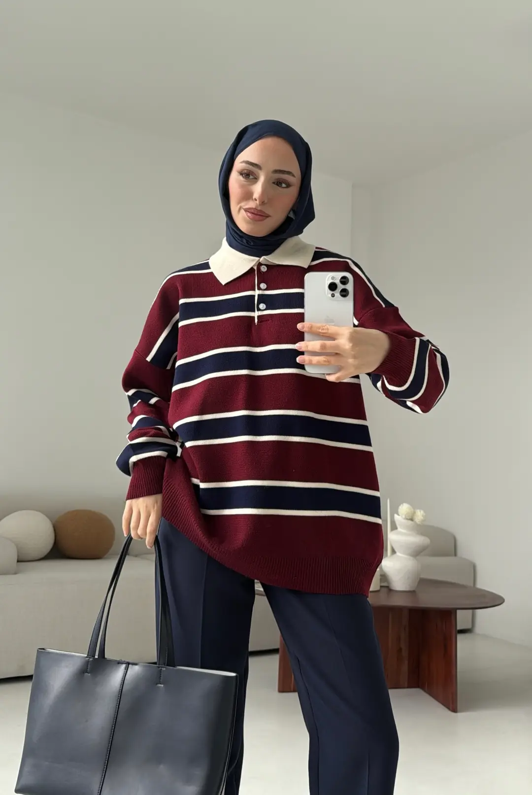Bordo Lacivert Cizgili Triko Kazak - Görsel 4