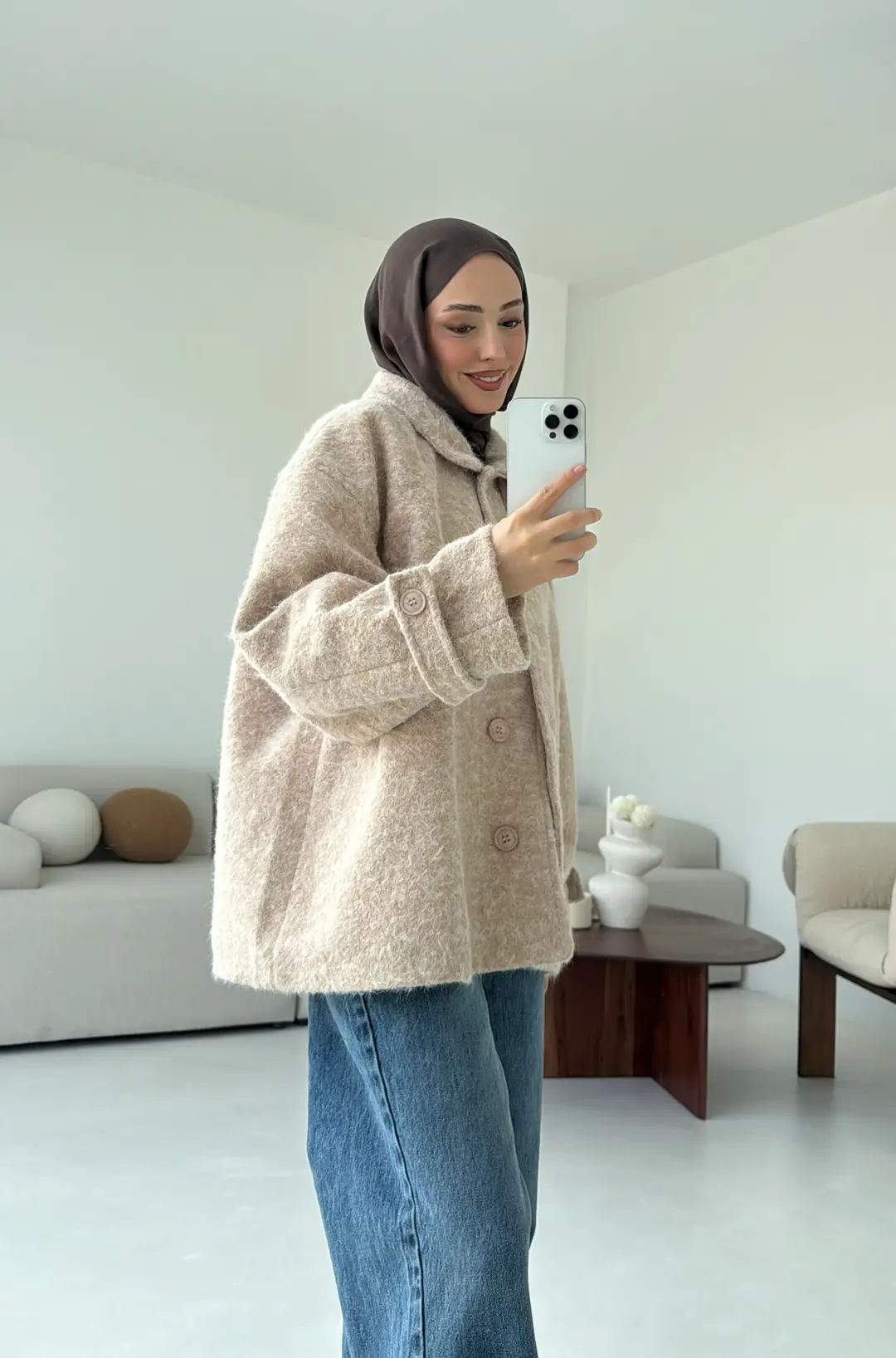 Boucle Yaka Detay Kaban Bej - Görsel 10