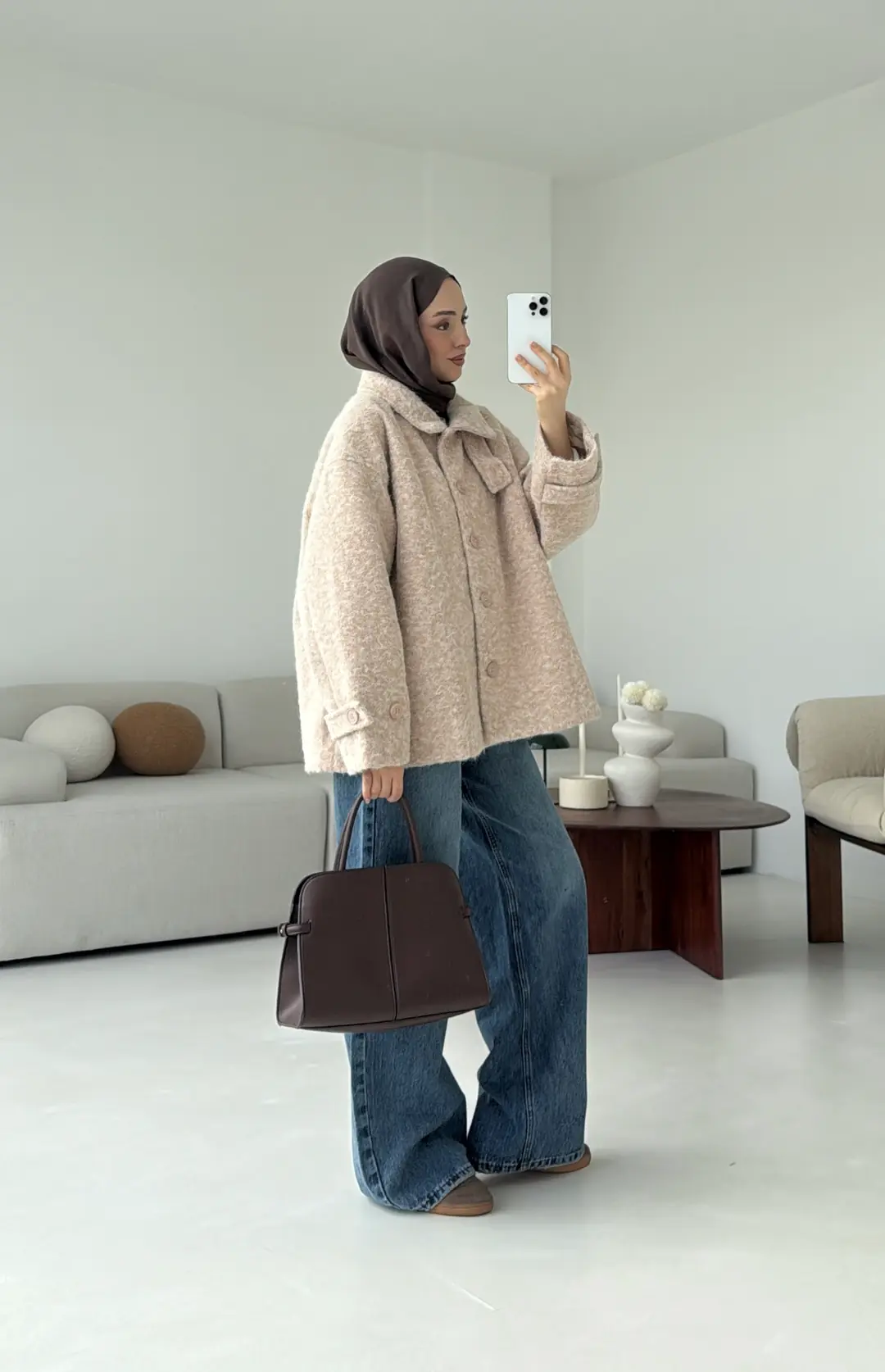 Boucle Yaka Detay Kaban Bej - Görsel 4