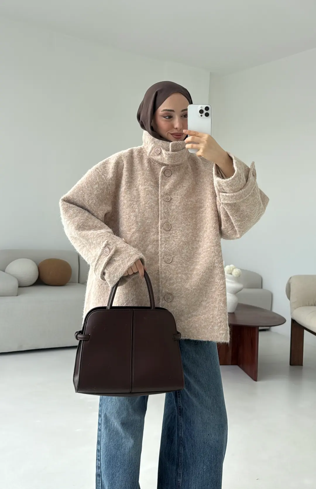 Boucle Yaka Detay Kaban Bej - Görsel 8