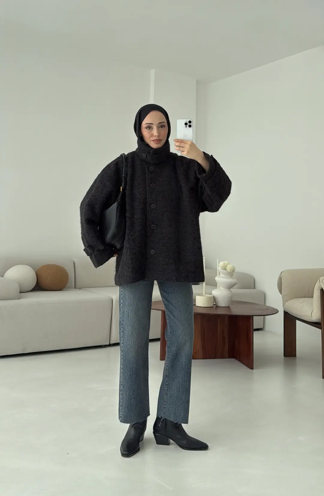 Boucle Yaka Detay Kaban Siyah - Görsel 10