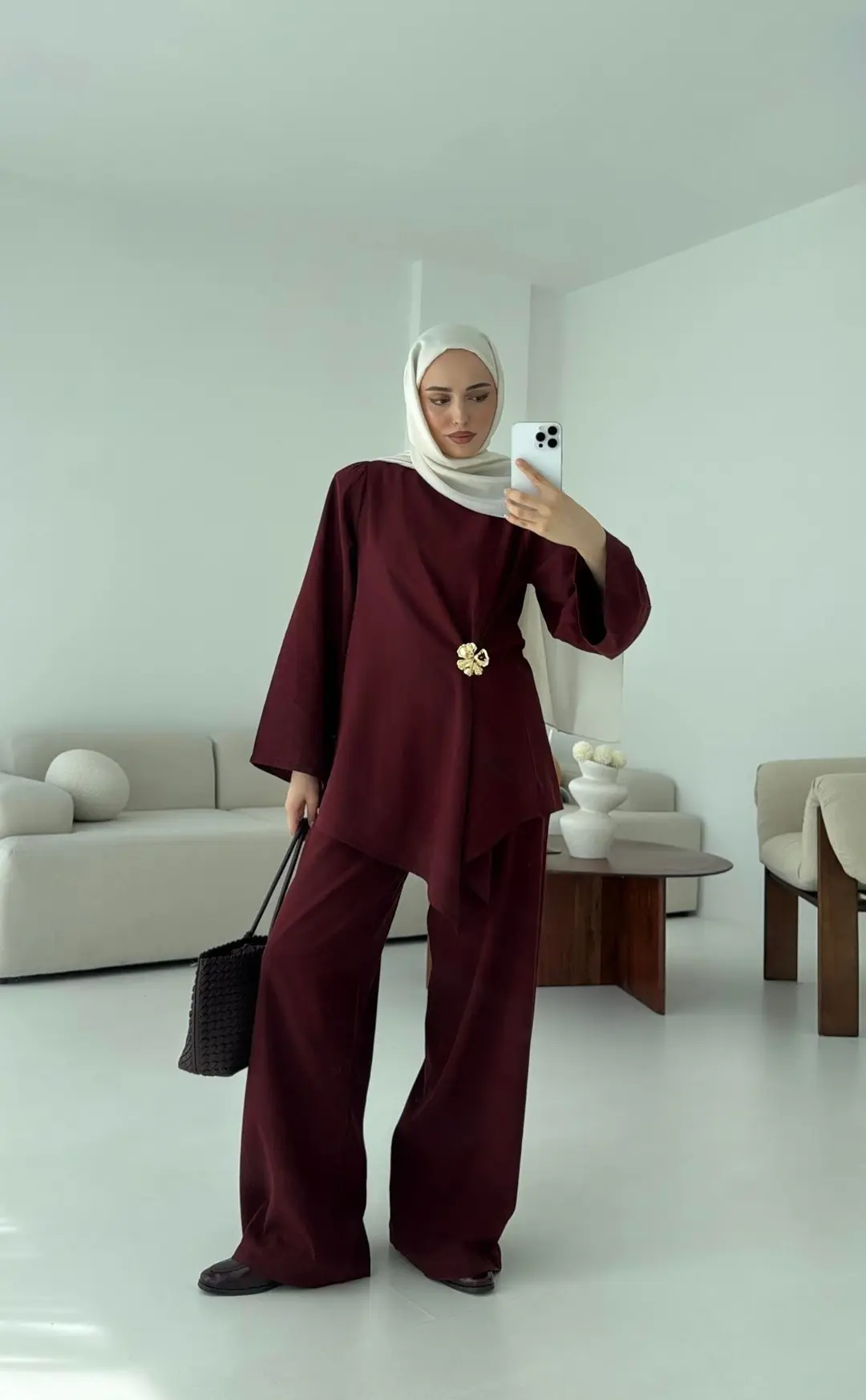 Broş Detay Bluz Takım Bordo