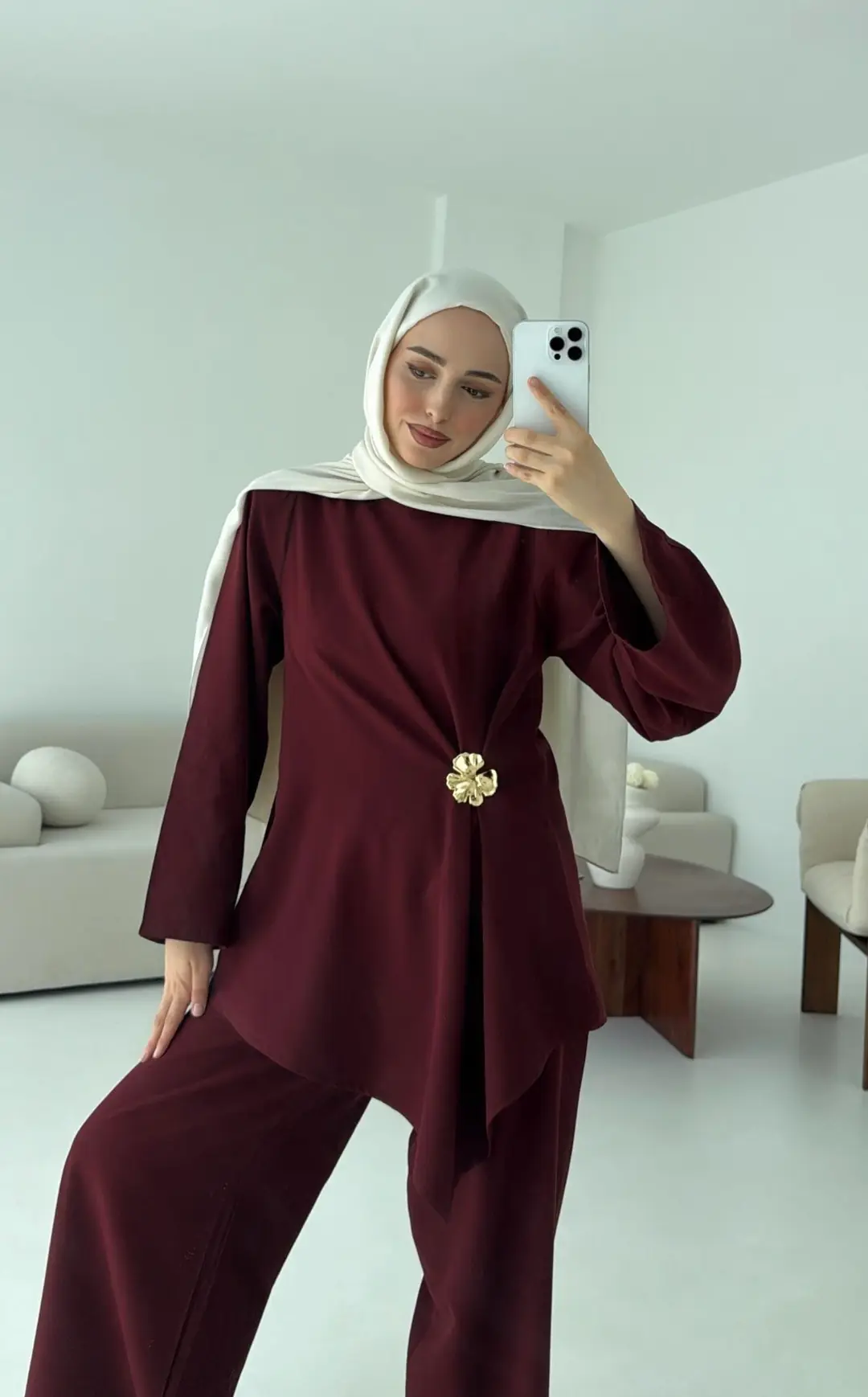 Broş Detay Bluz Takım Bordo - Görsel 3