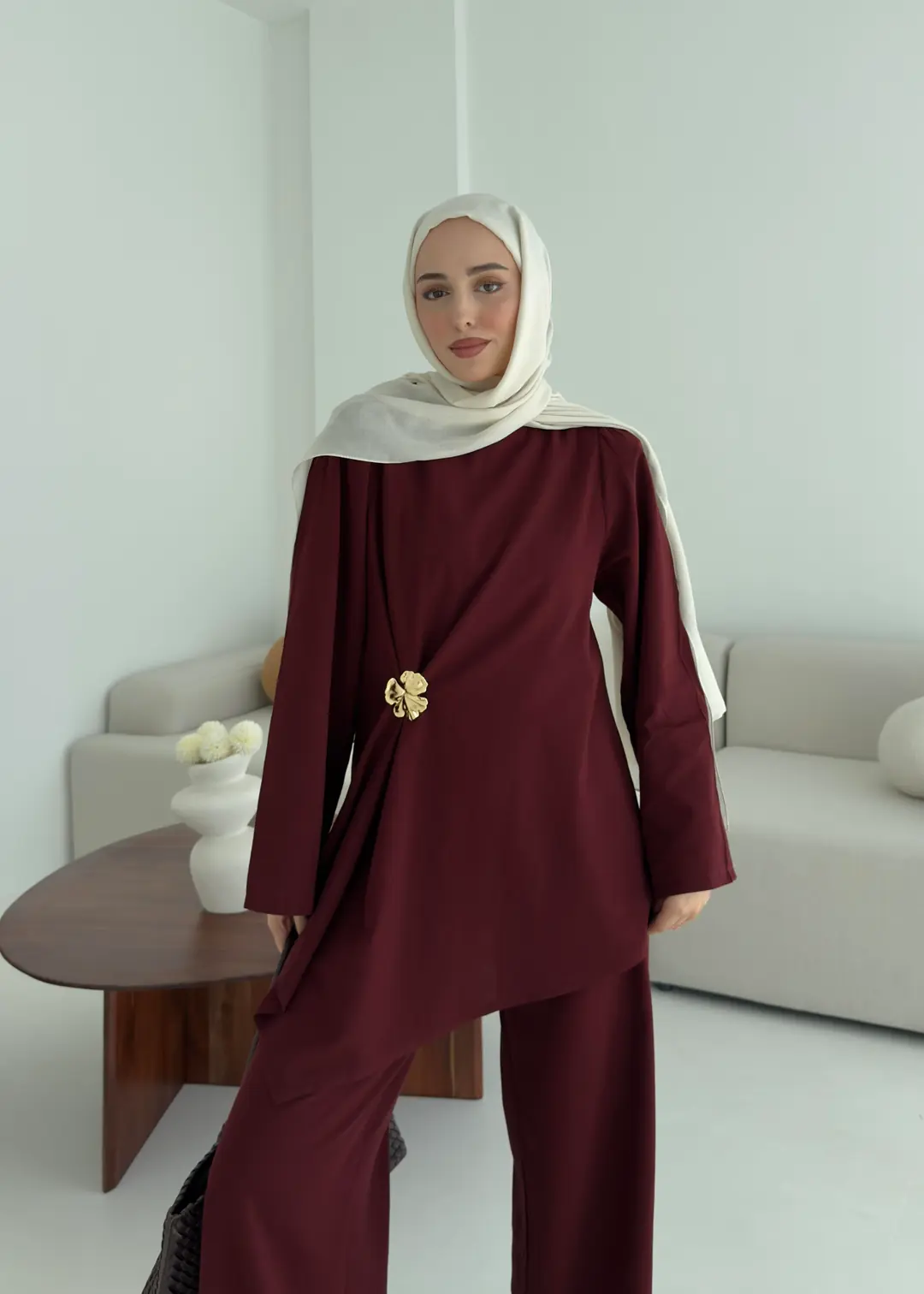 Broş Detay Bluz Takım Bordo - Görsel 4