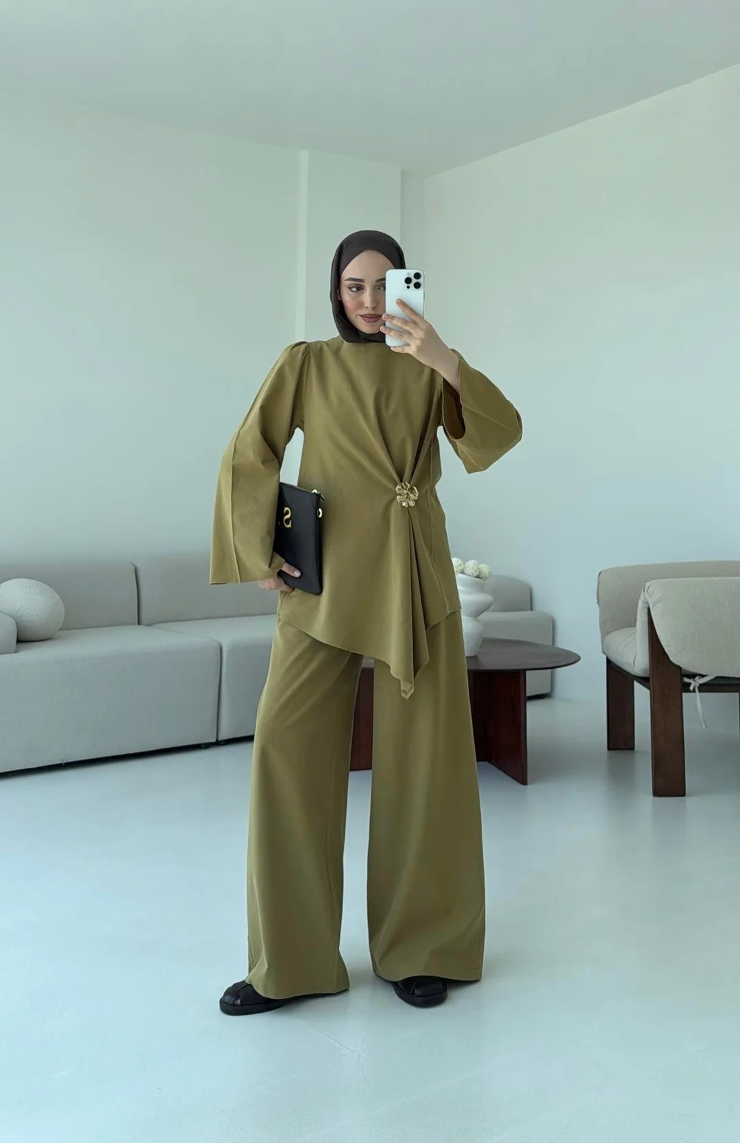 Broş Detay Bluz Takım Olive - Görsel 2