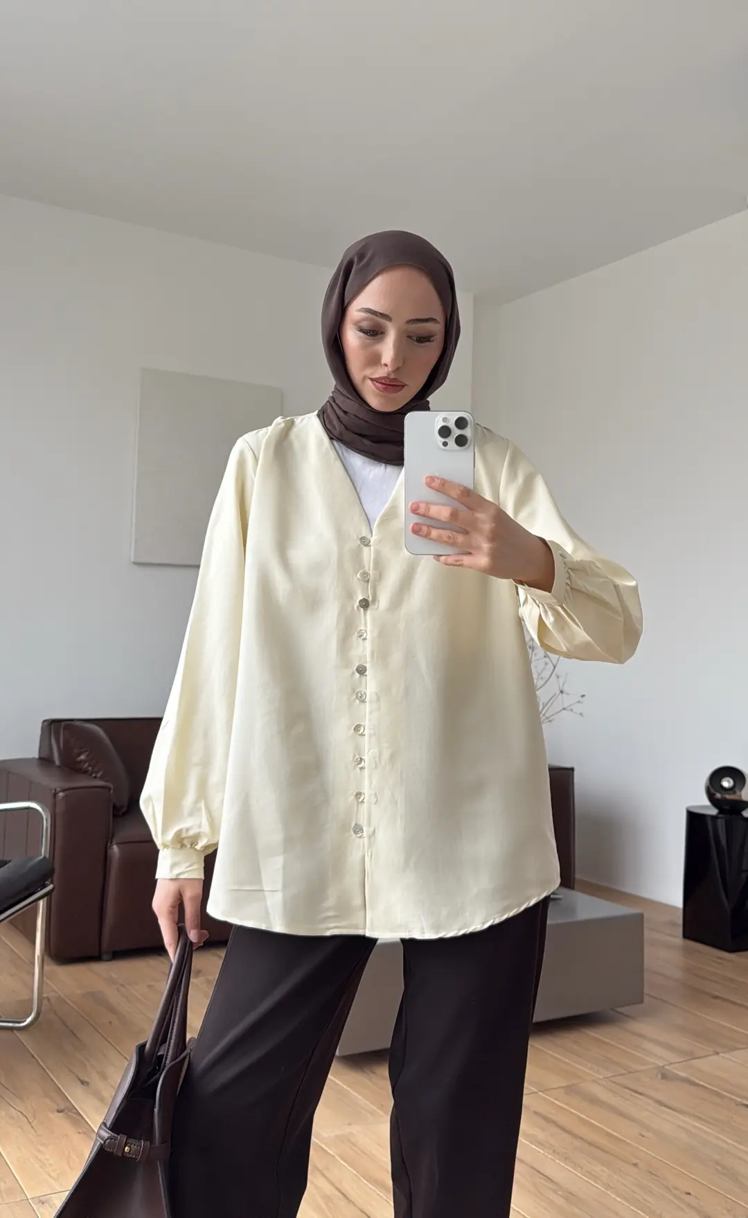 Büzgü Detaylı Dökümlü Gömlek Sarı - Görsel 3