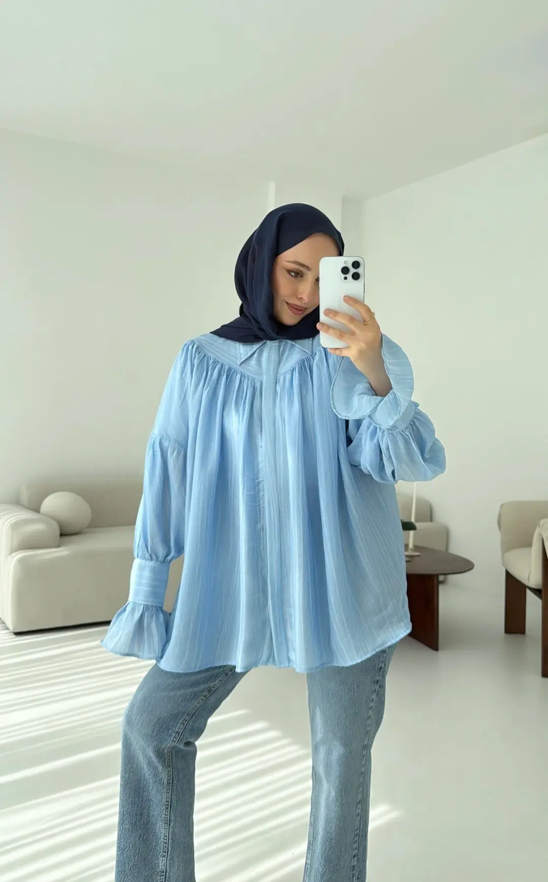 Büzgülü Gömlek Acık Mavi - Görsel 5