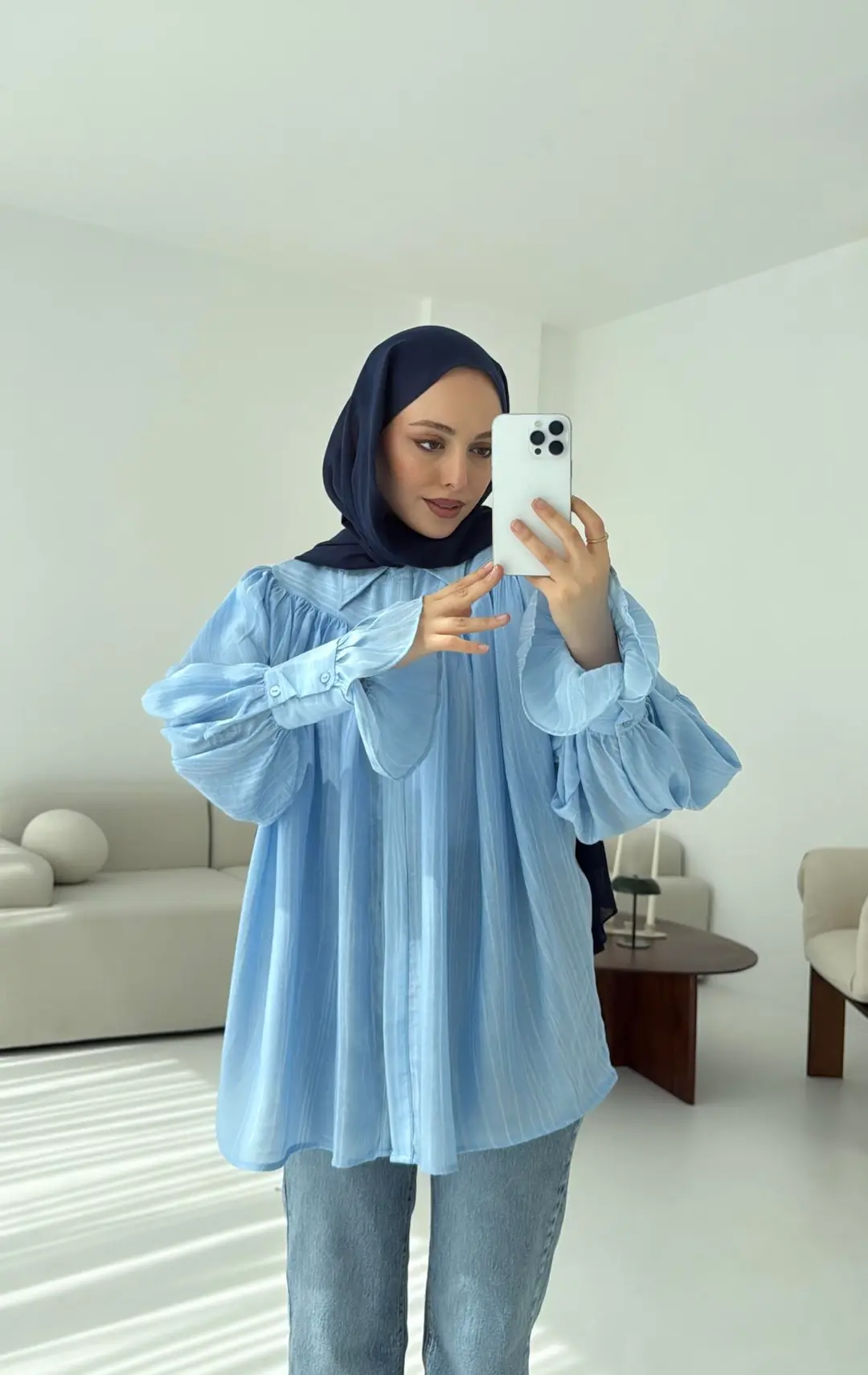 Büzgülü Gömlek Acık Mavi - Görsel 7