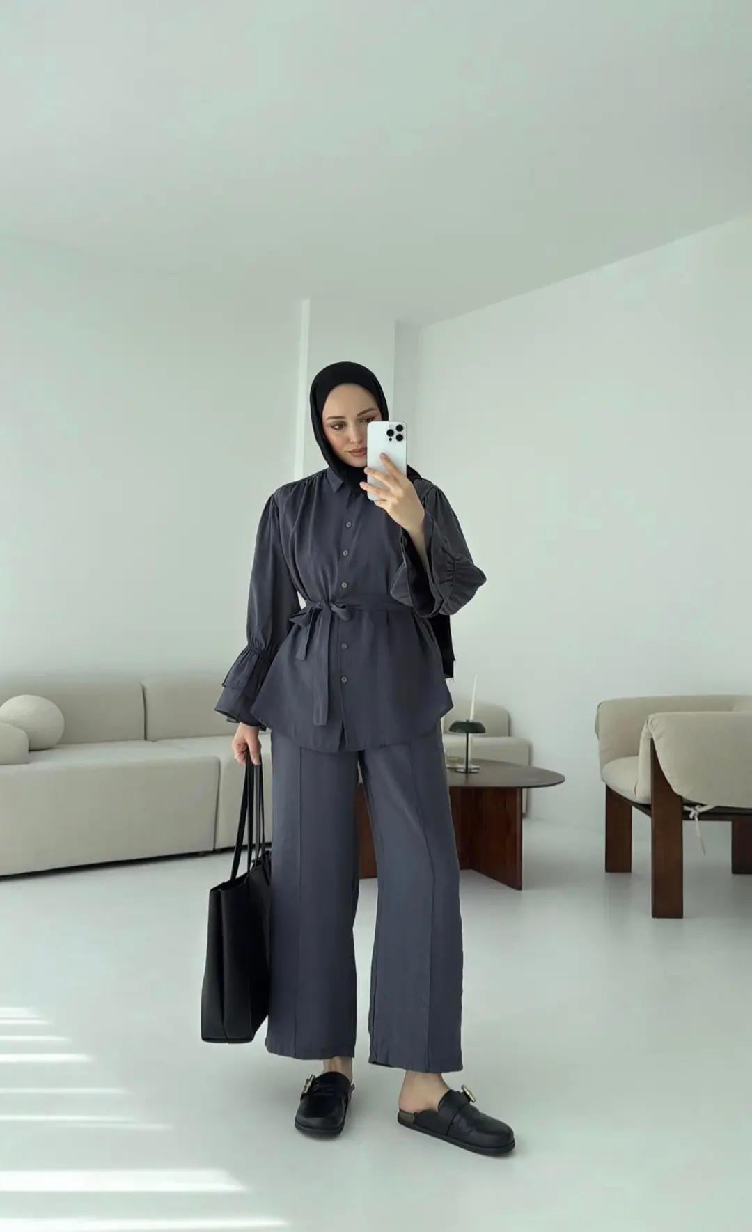 Büzgülü Oversize Gömlek Takım Antrasit - Görsel 3