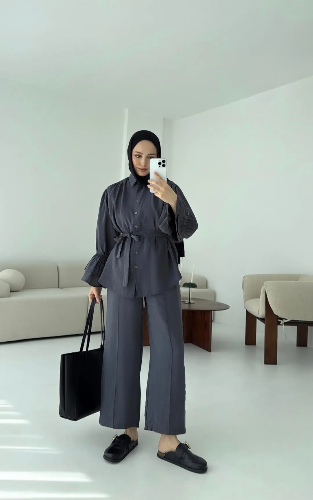 Büzgülü Oversize Gömlek Takım Antrasit - Görsel 6