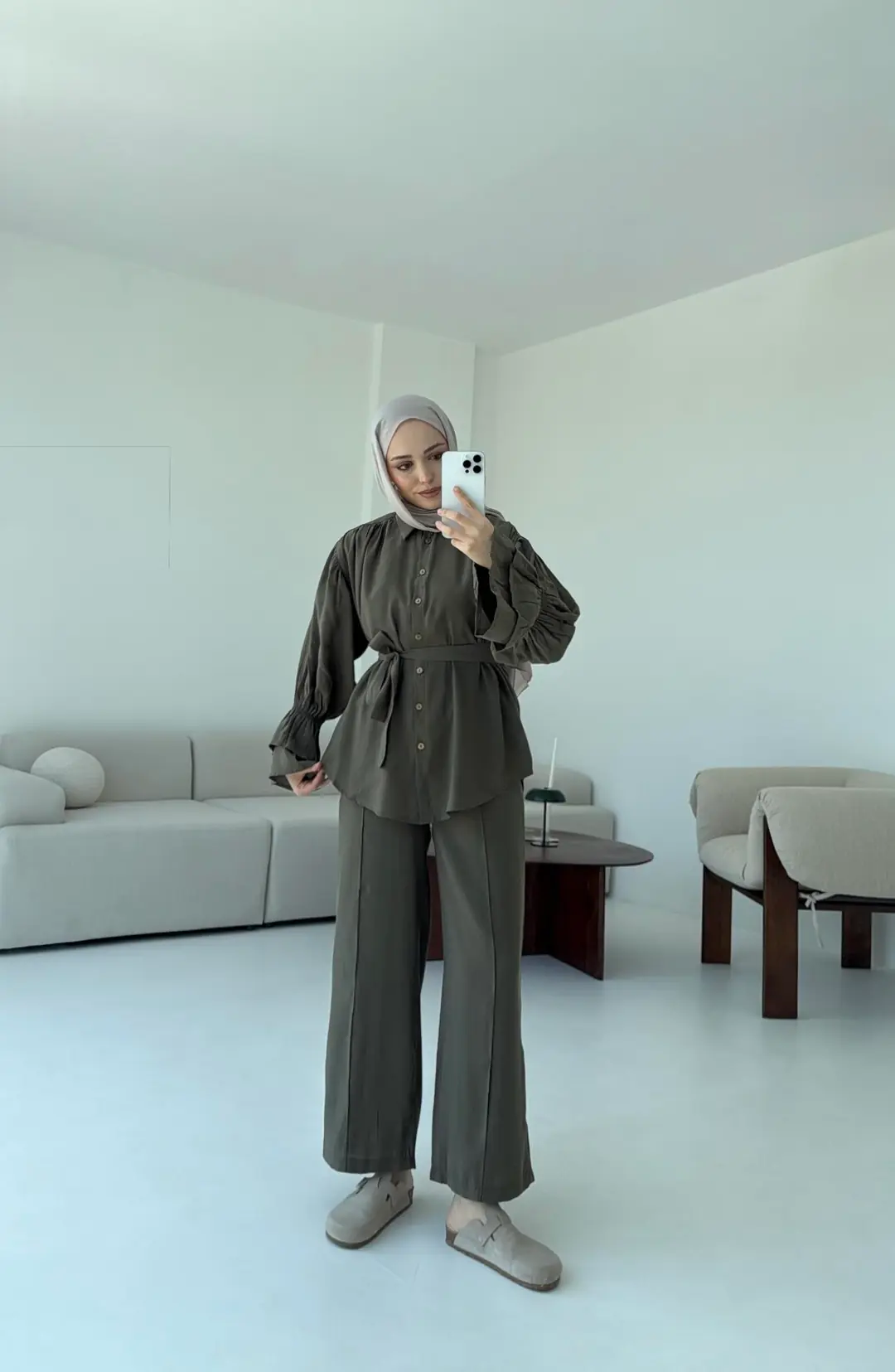 Büzgülü Oversize Gömlek Takım Haki - Görsel 8