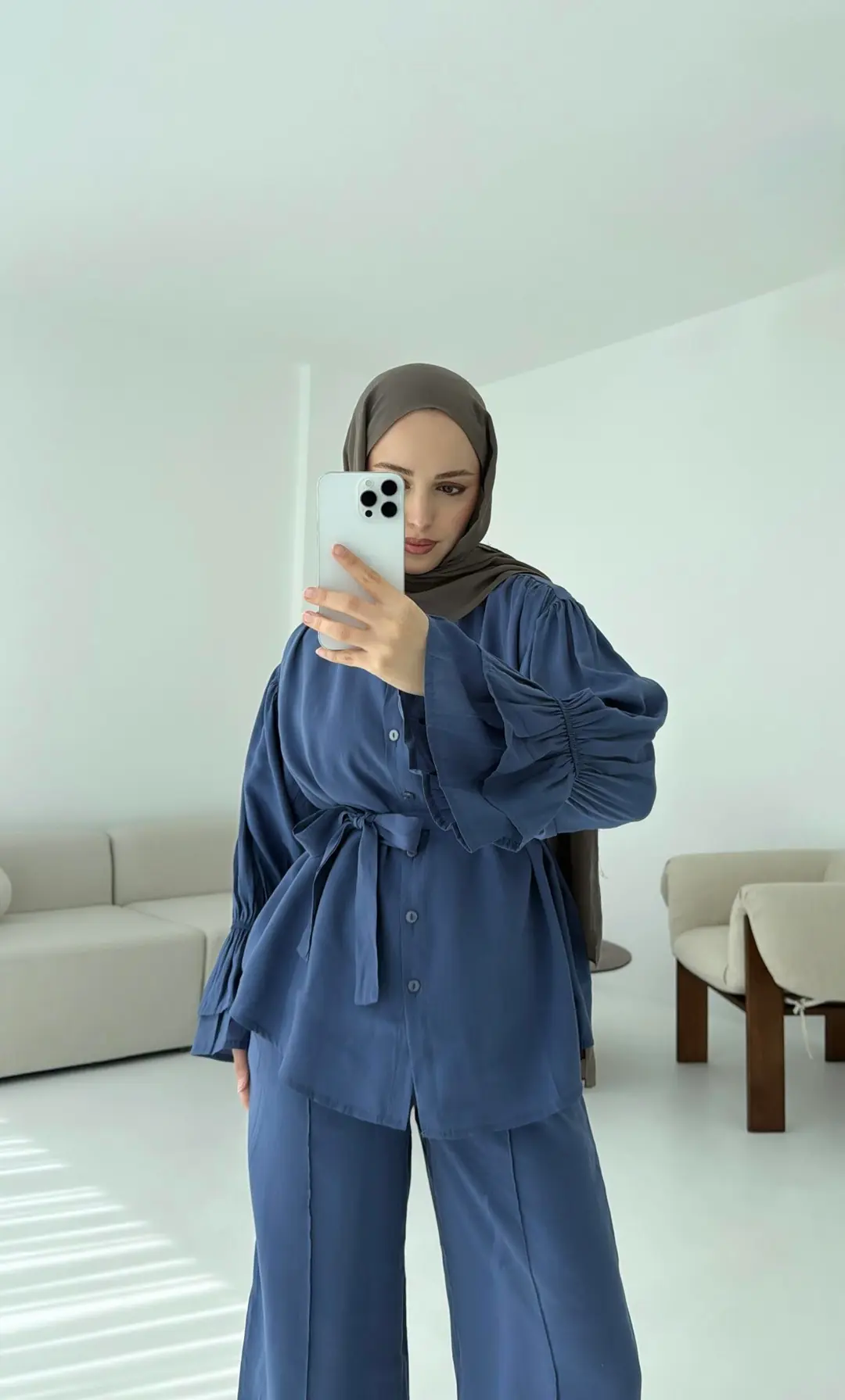 Büzgülü Oversize Gömlek Takım İndigo - Görsel 2