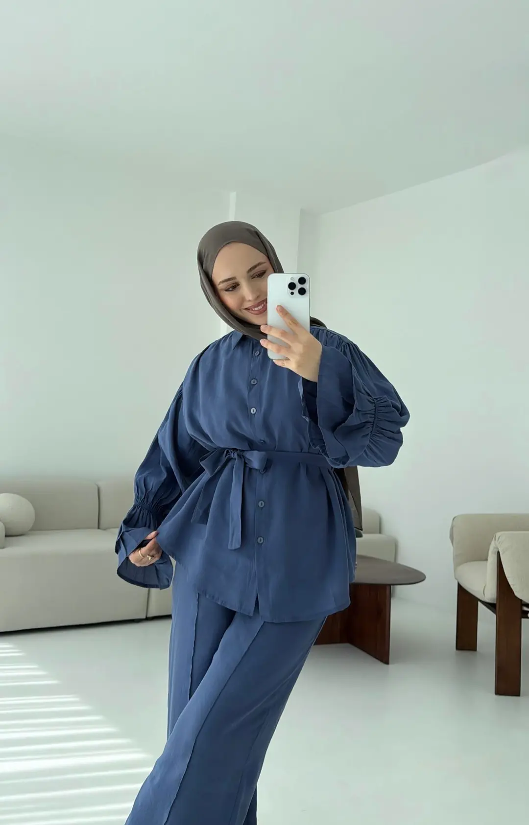 Büzgülü Oversize Gömlek Takım İndigo - Görsel 3