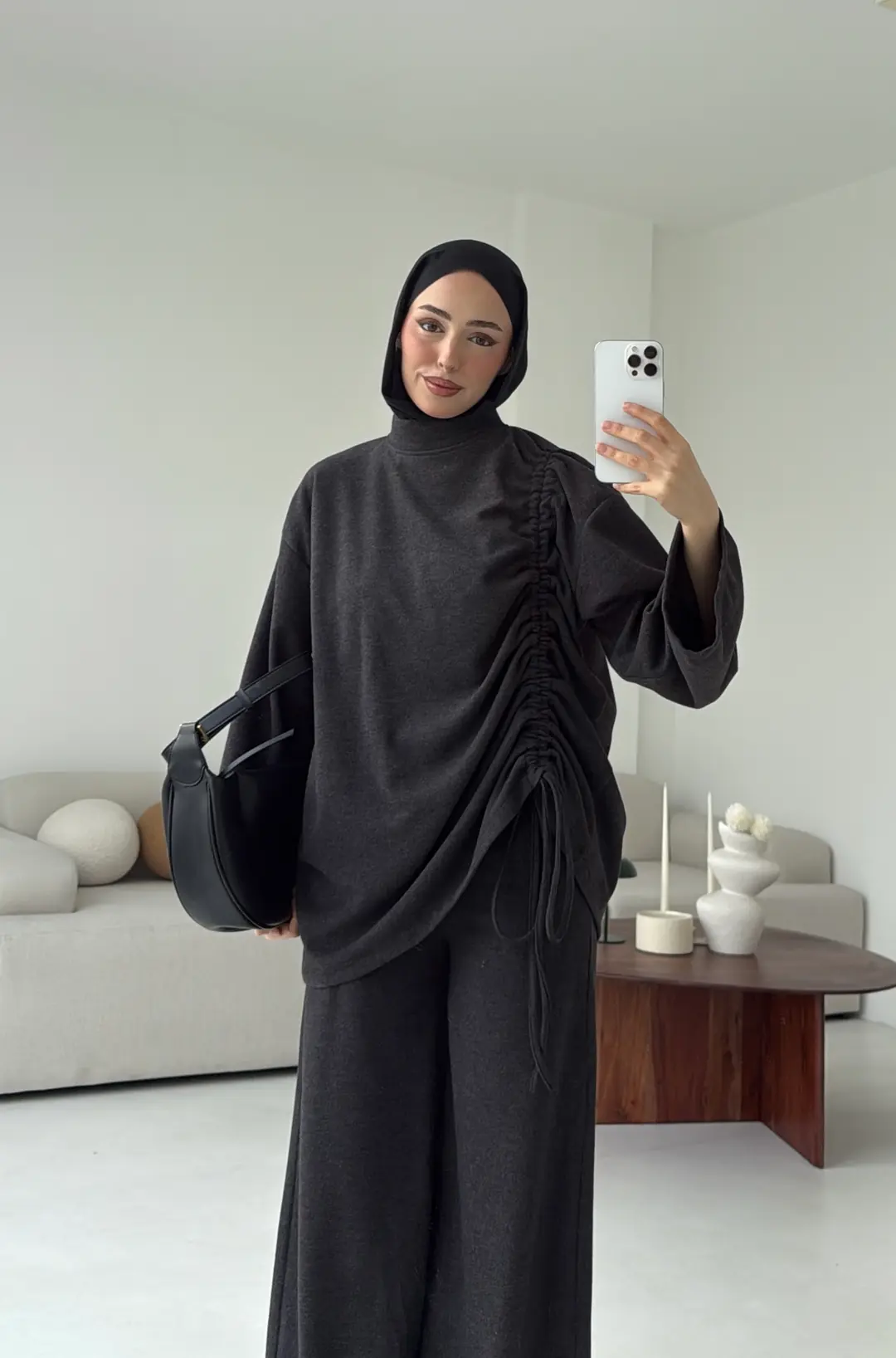 Bluzu Yandan Biyeli Takım Koyu Gri - Görsel 5