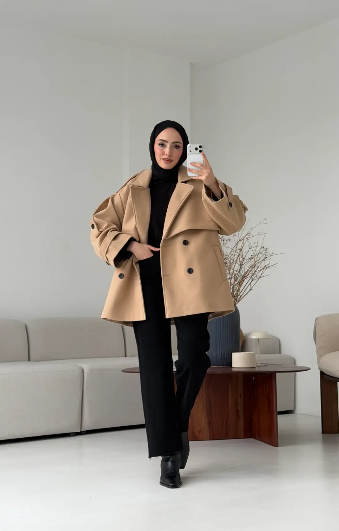 Camel Düğmeli Kol Manşetli Kaşe Kaban - Görsel 8