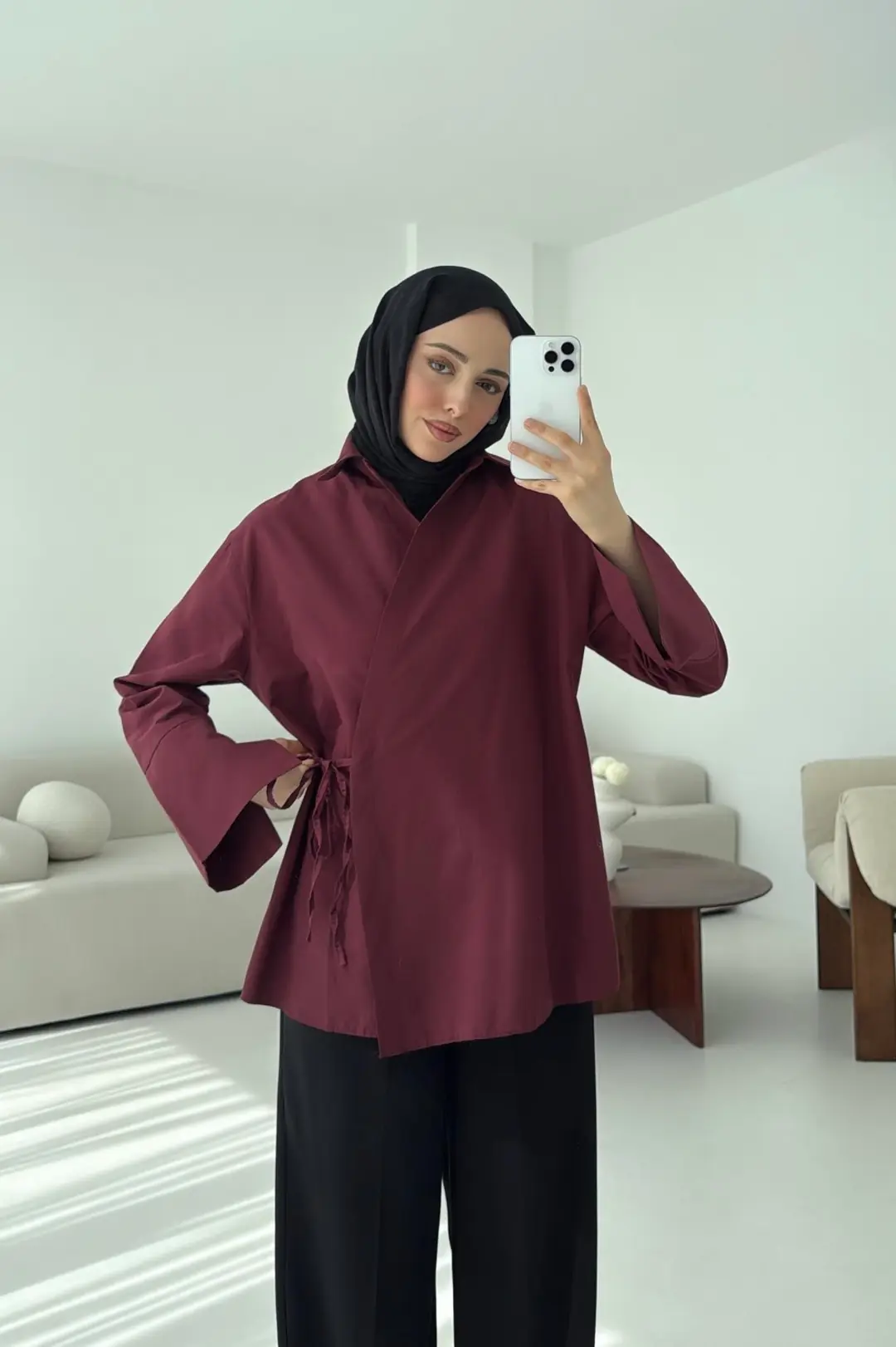 Çapraz Bağlamalı Kol Detay Gömlek Bordo