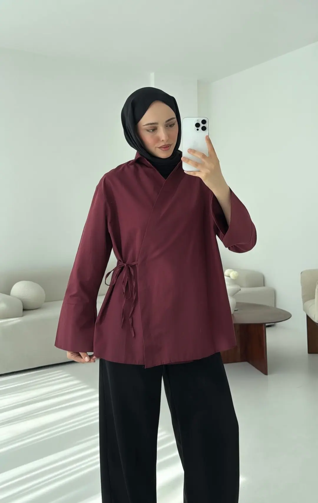 Çapraz Bağlamalı Kol Detay Gömlek Bordo - Görsel 2